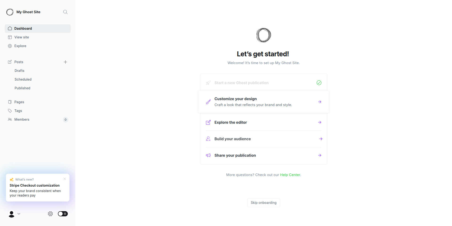 Ghost Admin dashboard after signing in