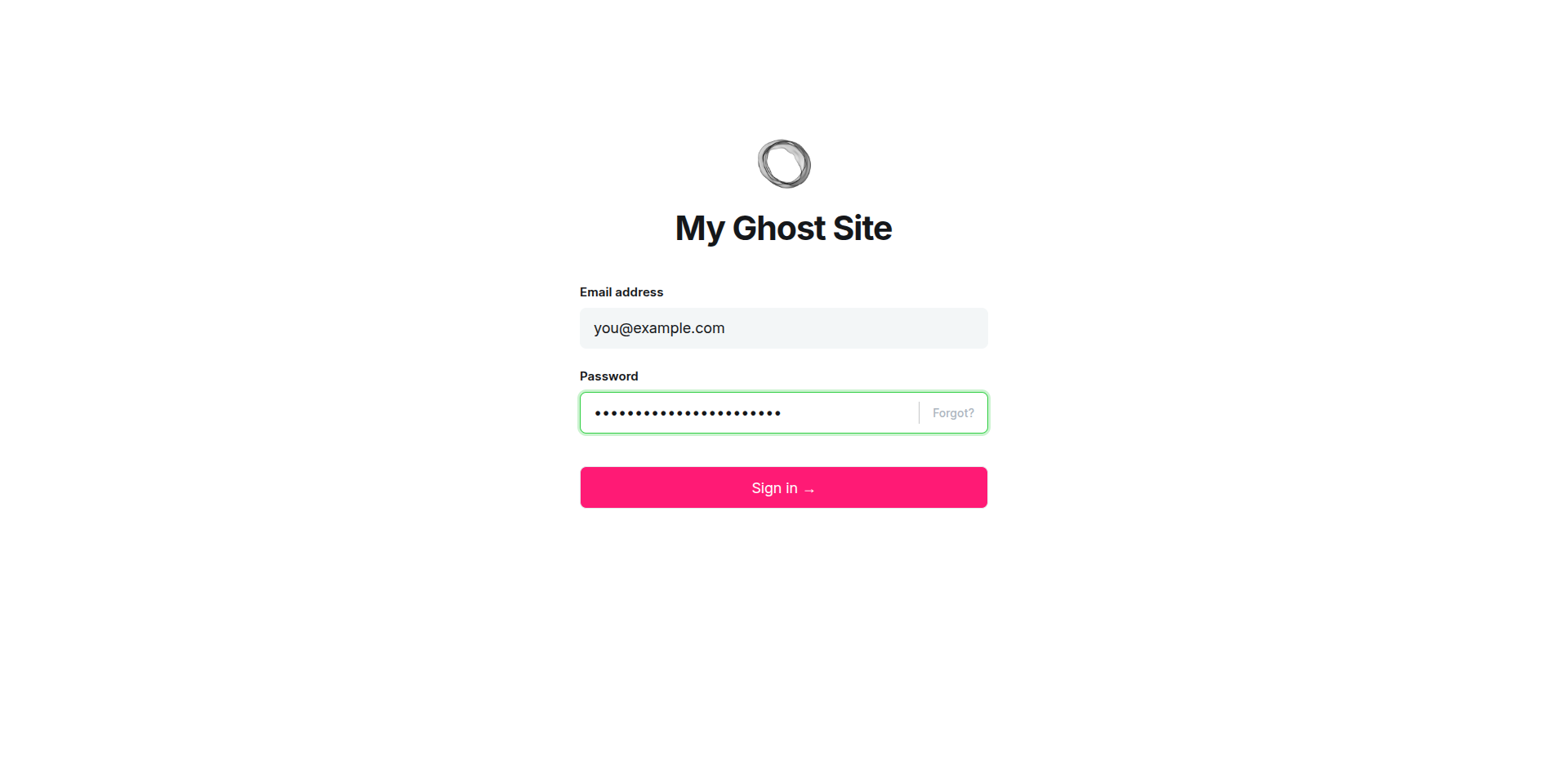 Sign-in form with a placeholder email and a masked password