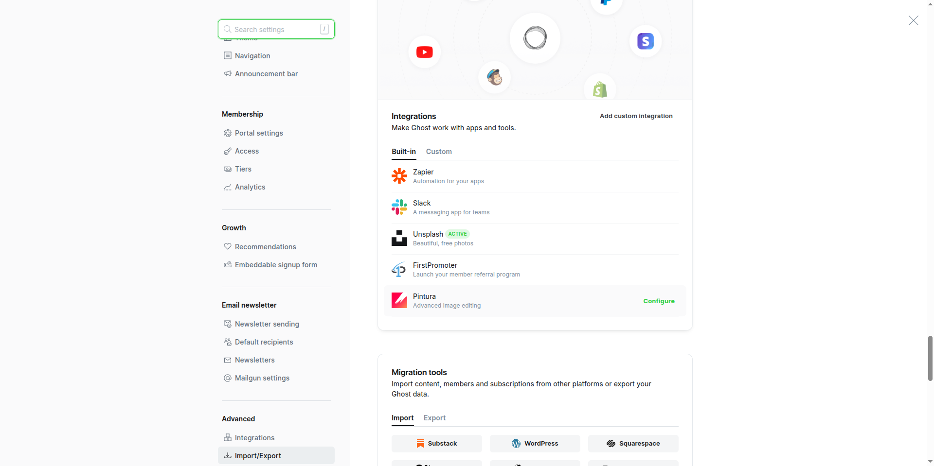 Ghost settings with the Integrations card and Add custom integration button