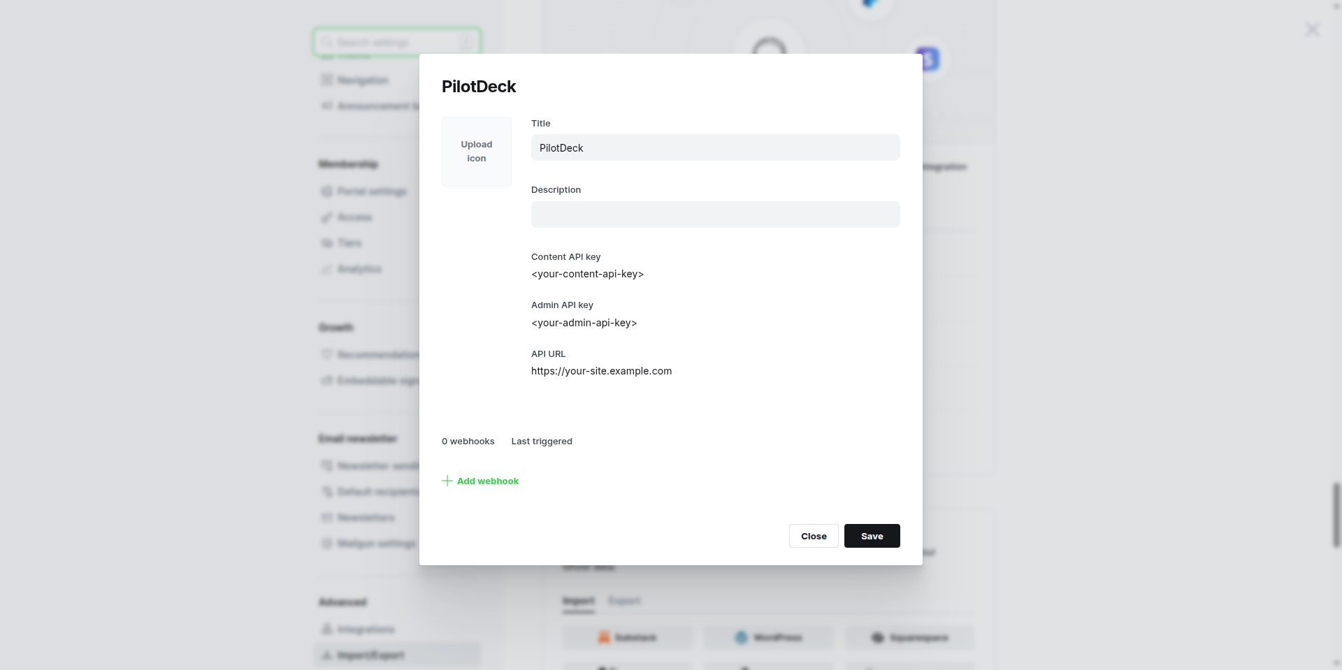 Ghost custom integration showing Content API key, Admin API key and API URL, all masked