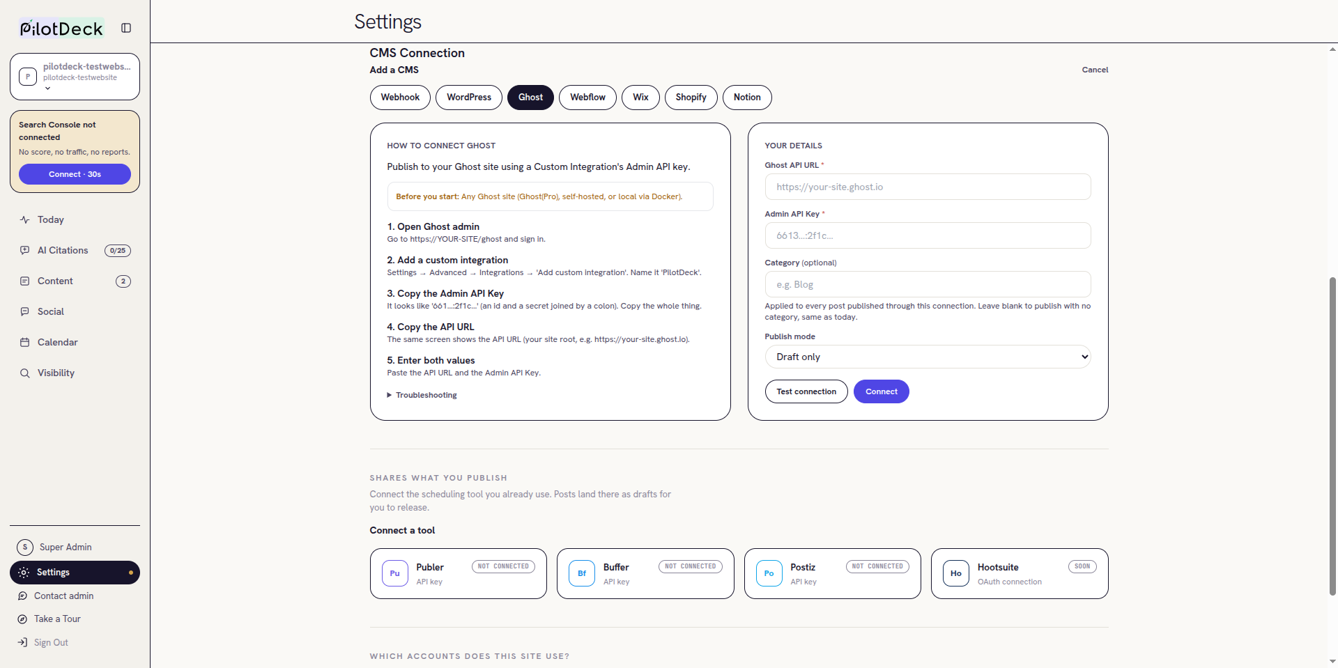 Ghost connect form in PilotDeck