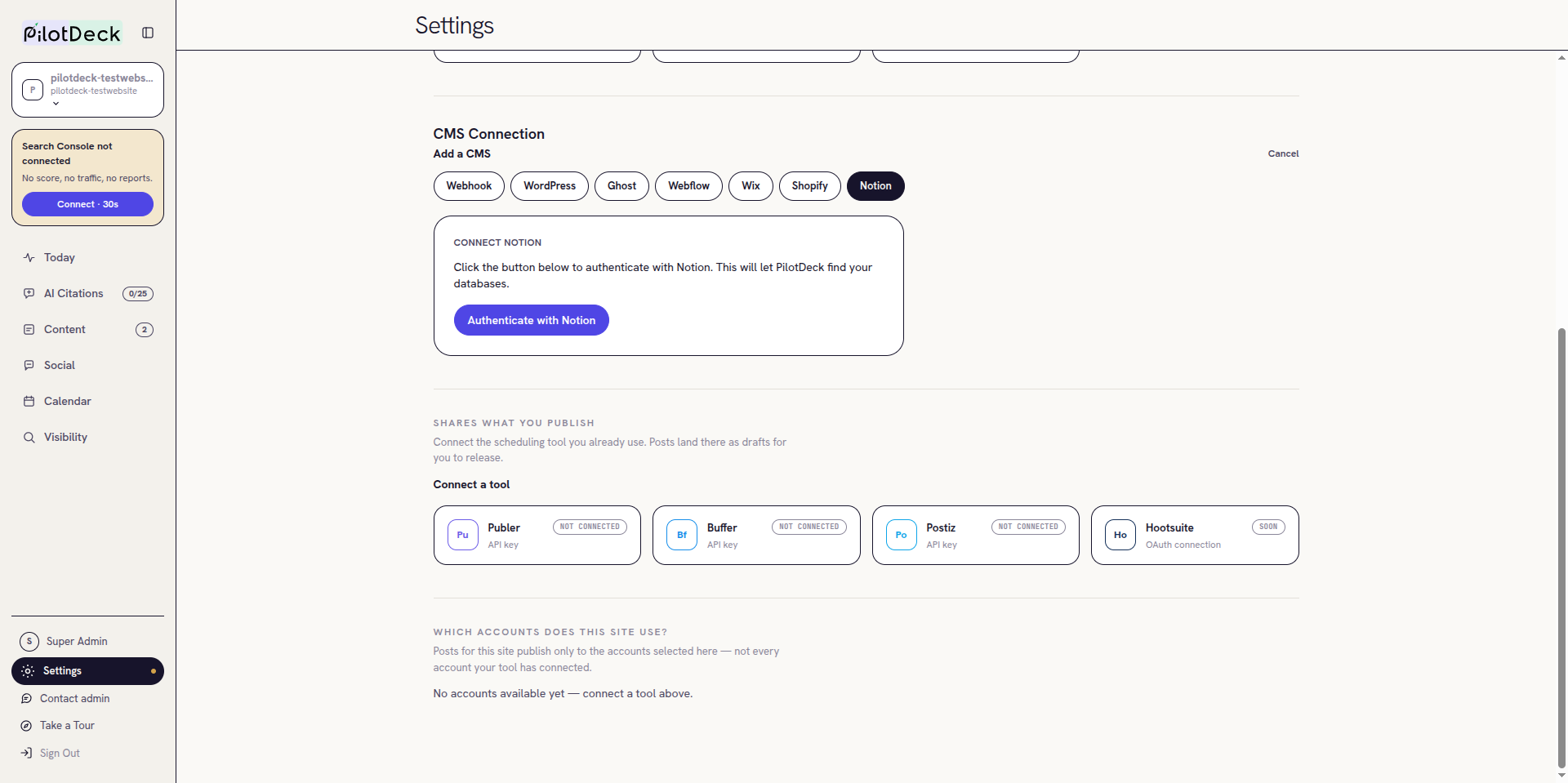 Notion connect panel in PilotDeck with an Authenticate with Notion button