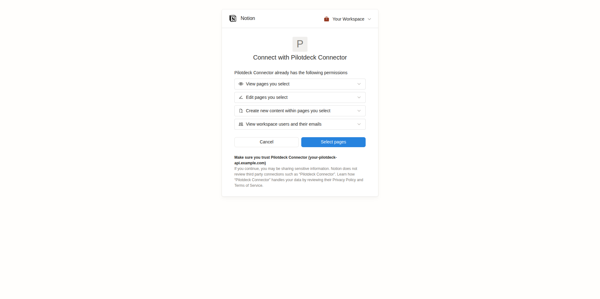 Notion Connect with Pilotdeck Connector screen listing the permissions