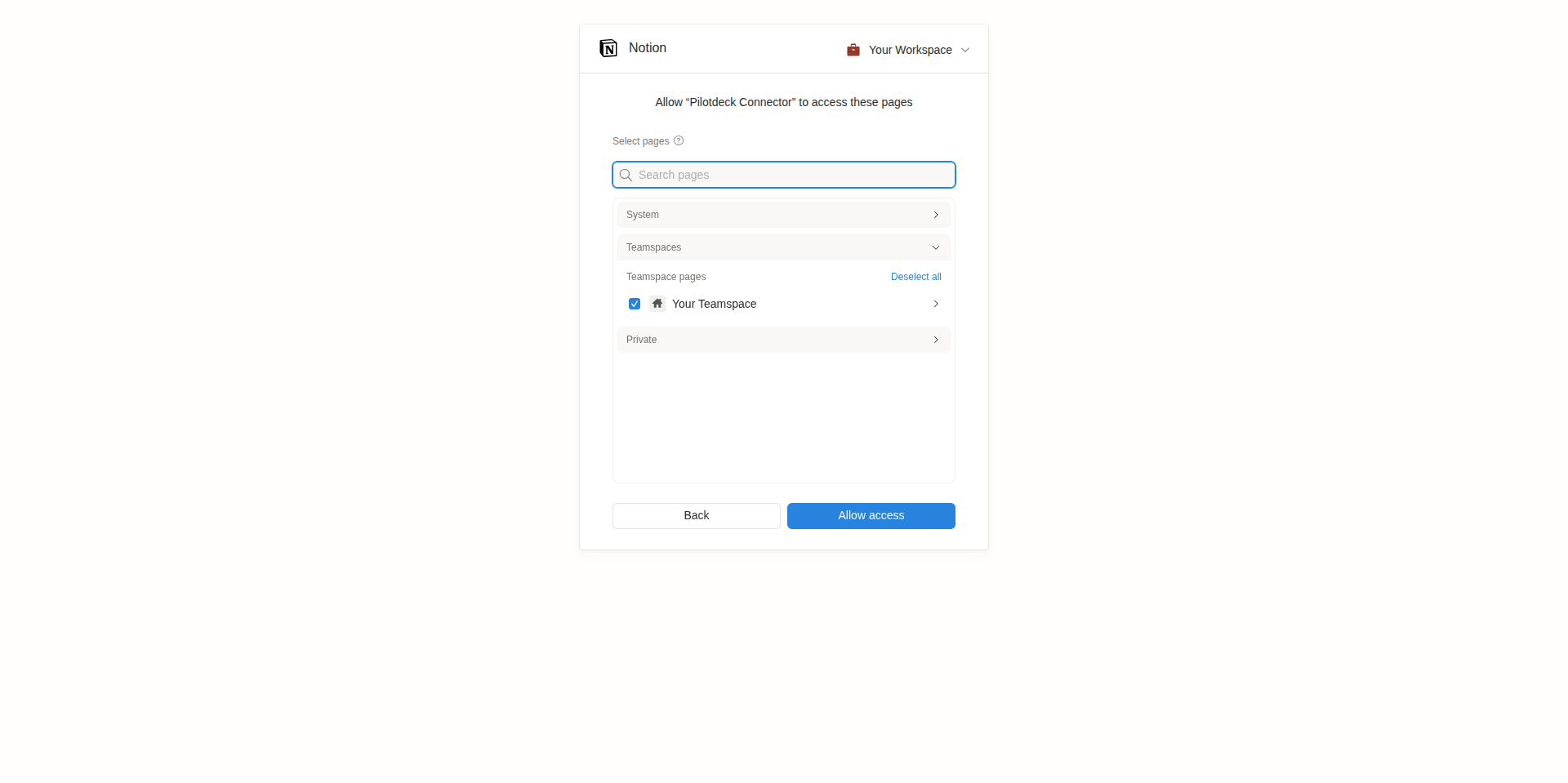 Notion page picker with a teamspace ticked and the Allow access button