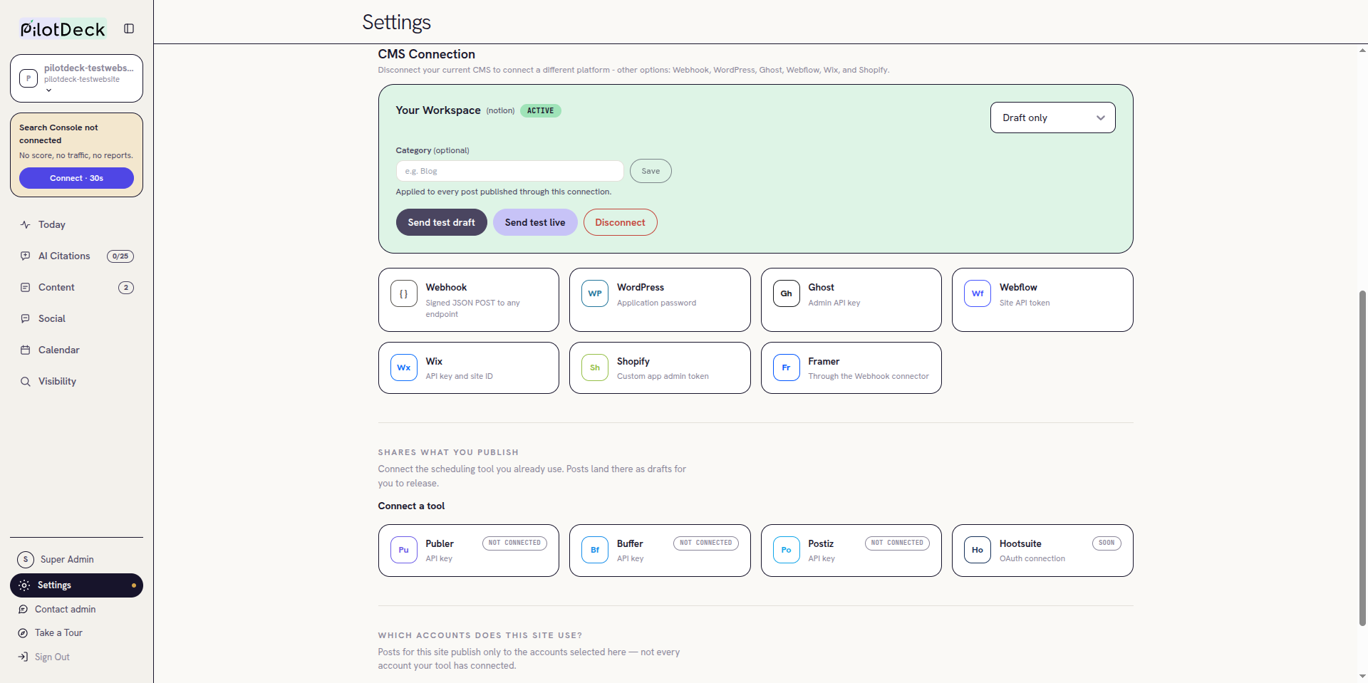 Notion connected and ACTIVE in PilotDeck