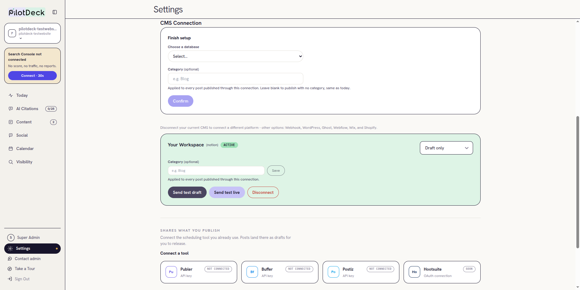 PilotDeck Finish setup card with a Choose a database list