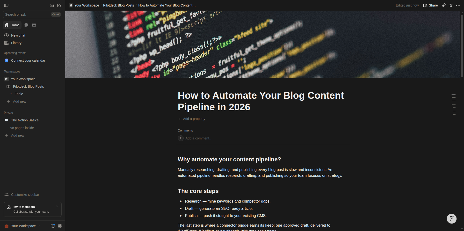 Notion page created by PilotDeck with a cover image, headings and a bulleted list