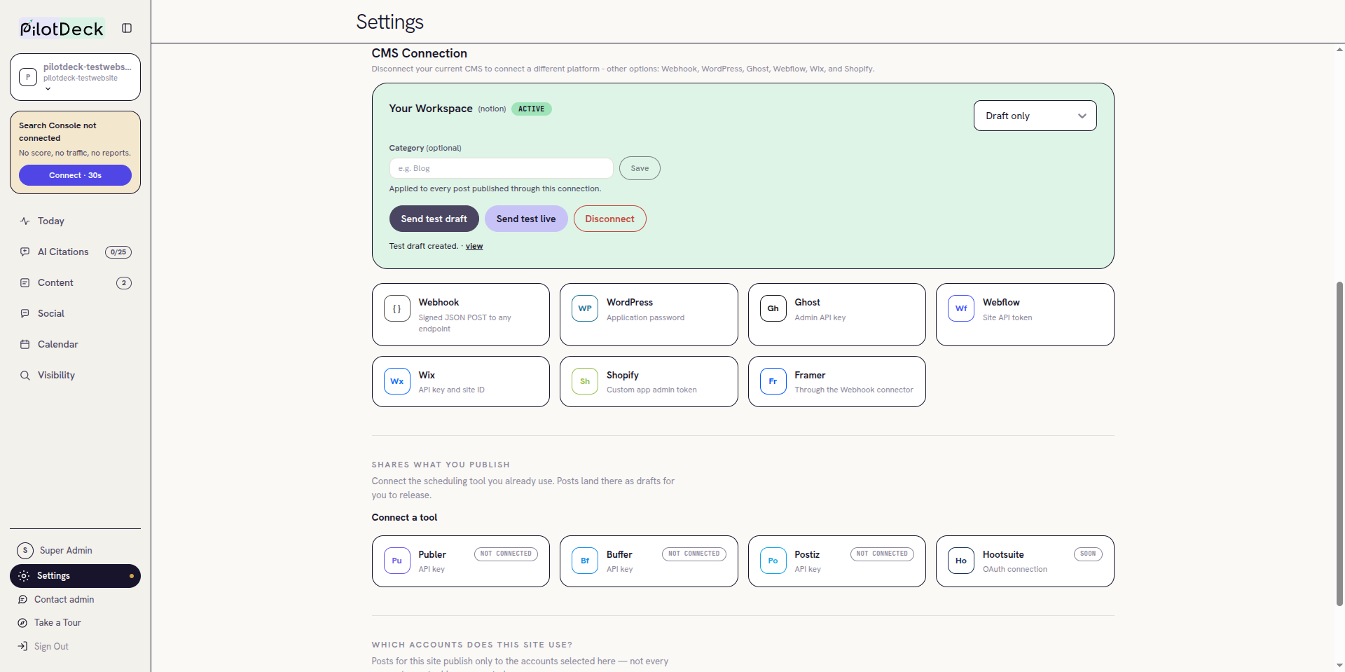 Notion card after Send test draft showing Test draft created