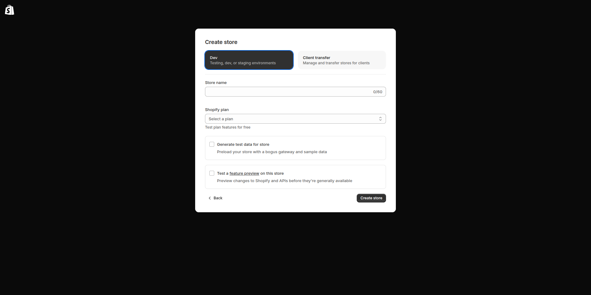Shopify Create store dialog with Dev selected