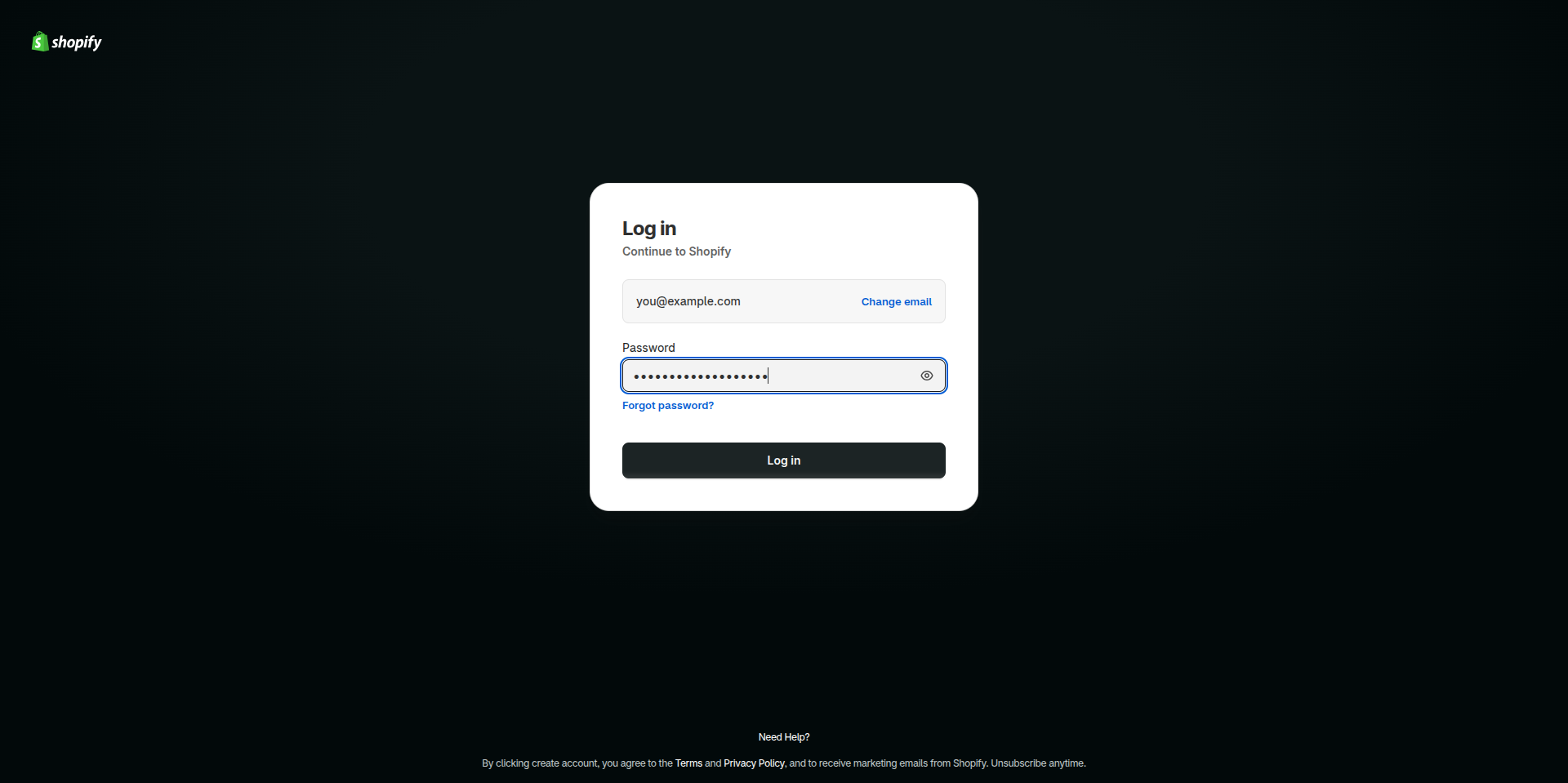 Shopify login with a placeholder email and a masked password