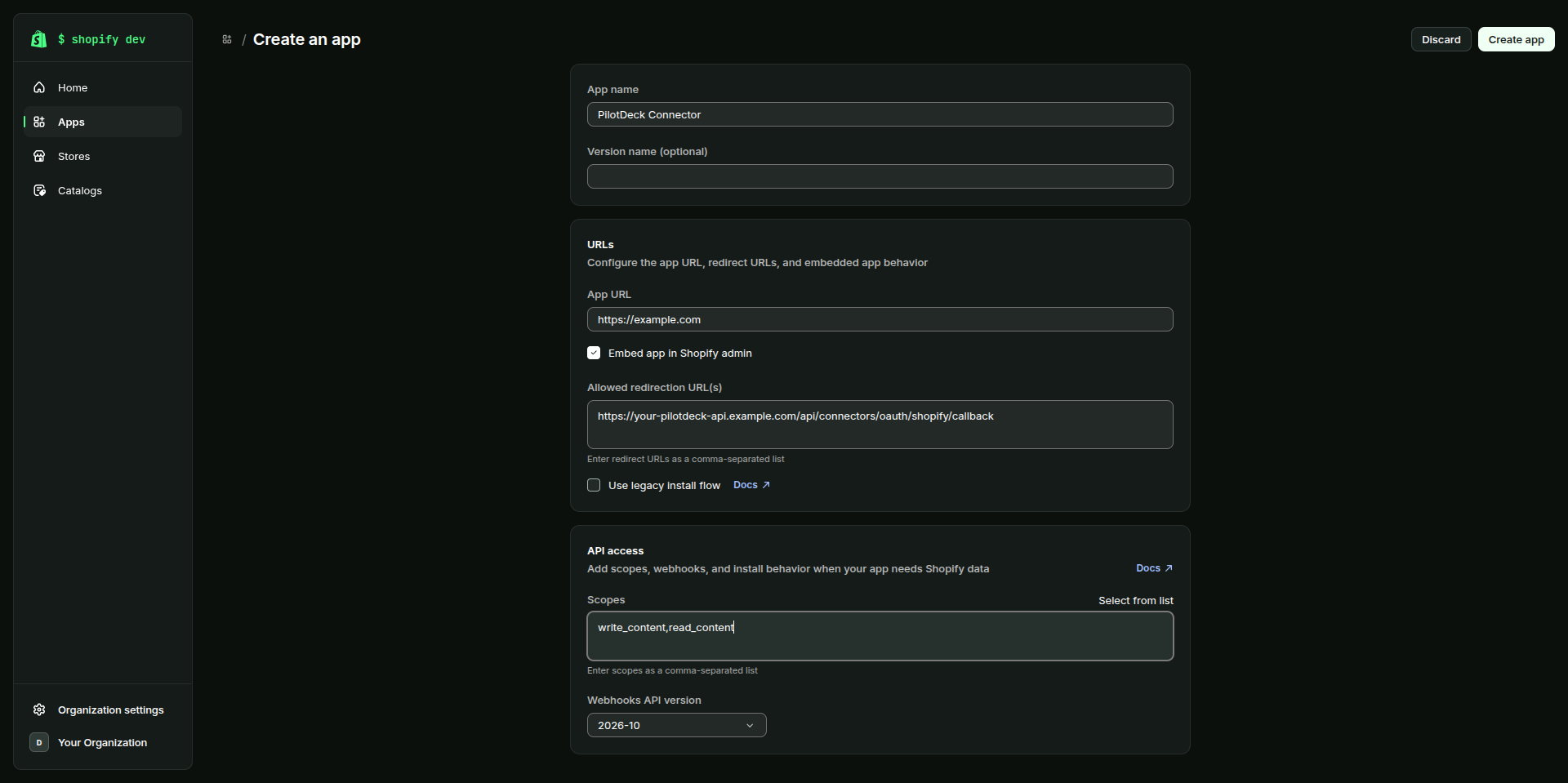 Shopify Dev Dashboard Create an app form with a redirect URL and scopes filled in