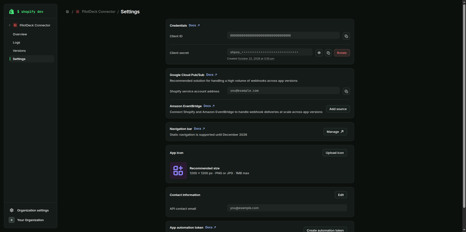Shopify app Settings page with the Client ID and Client secret masked