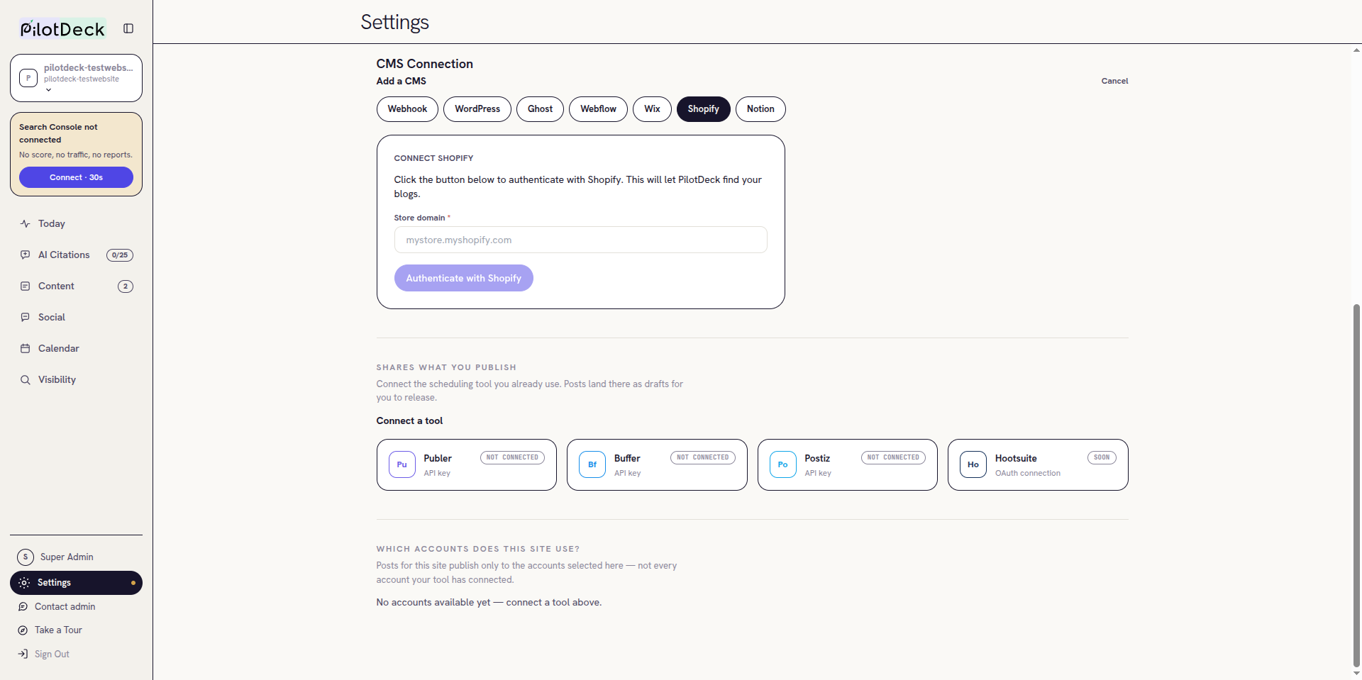 Shopify connect panel in PilotDeck with a Store domain field and Authenticate with Shopify button