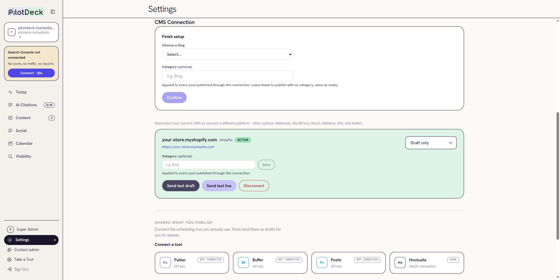 PilotDeck Finish setup card with a Choose a blog list, an optional category and a Confirm button