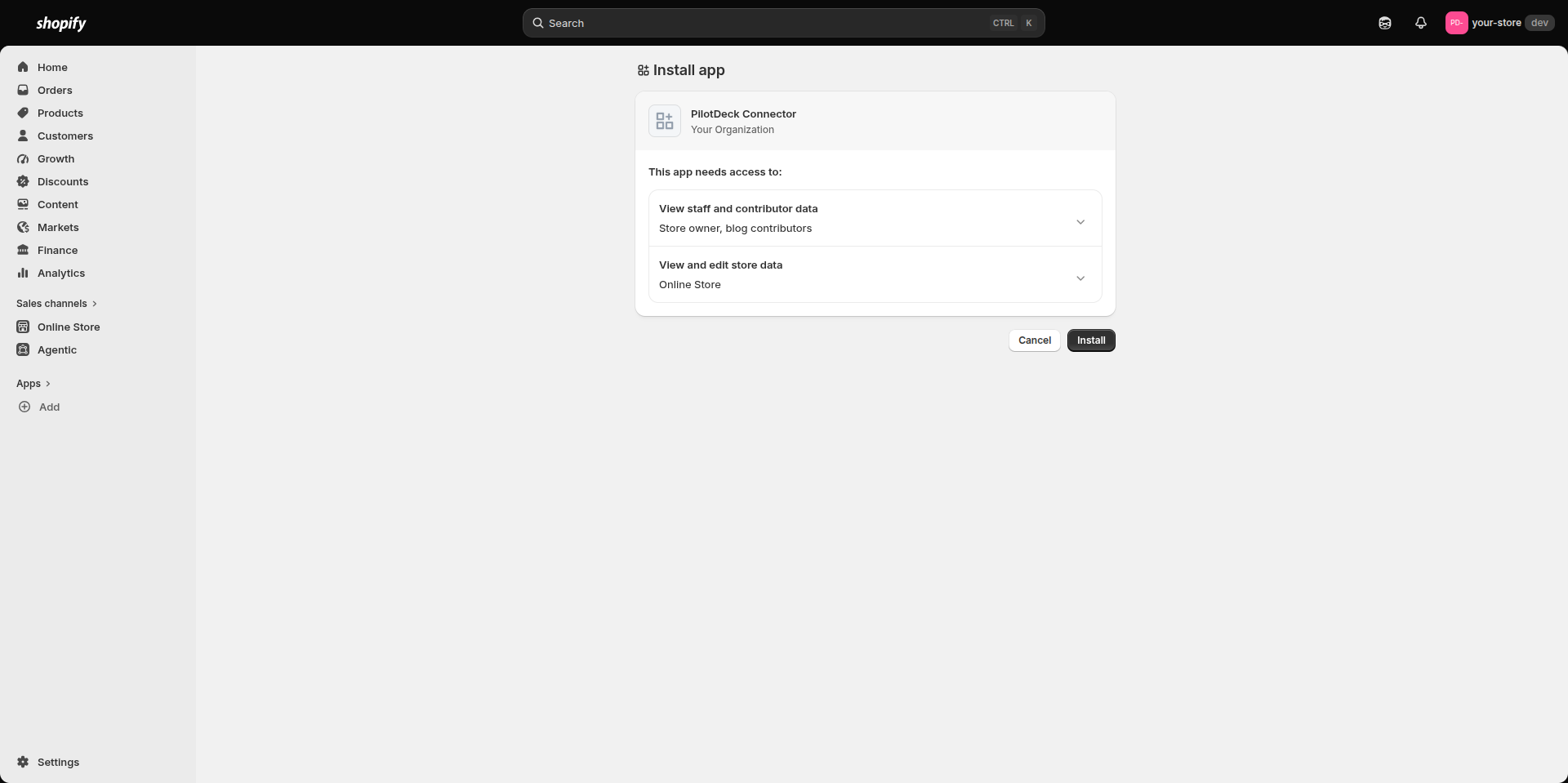 Shopify Install app screen listing the permissions the PilotDeck app needs