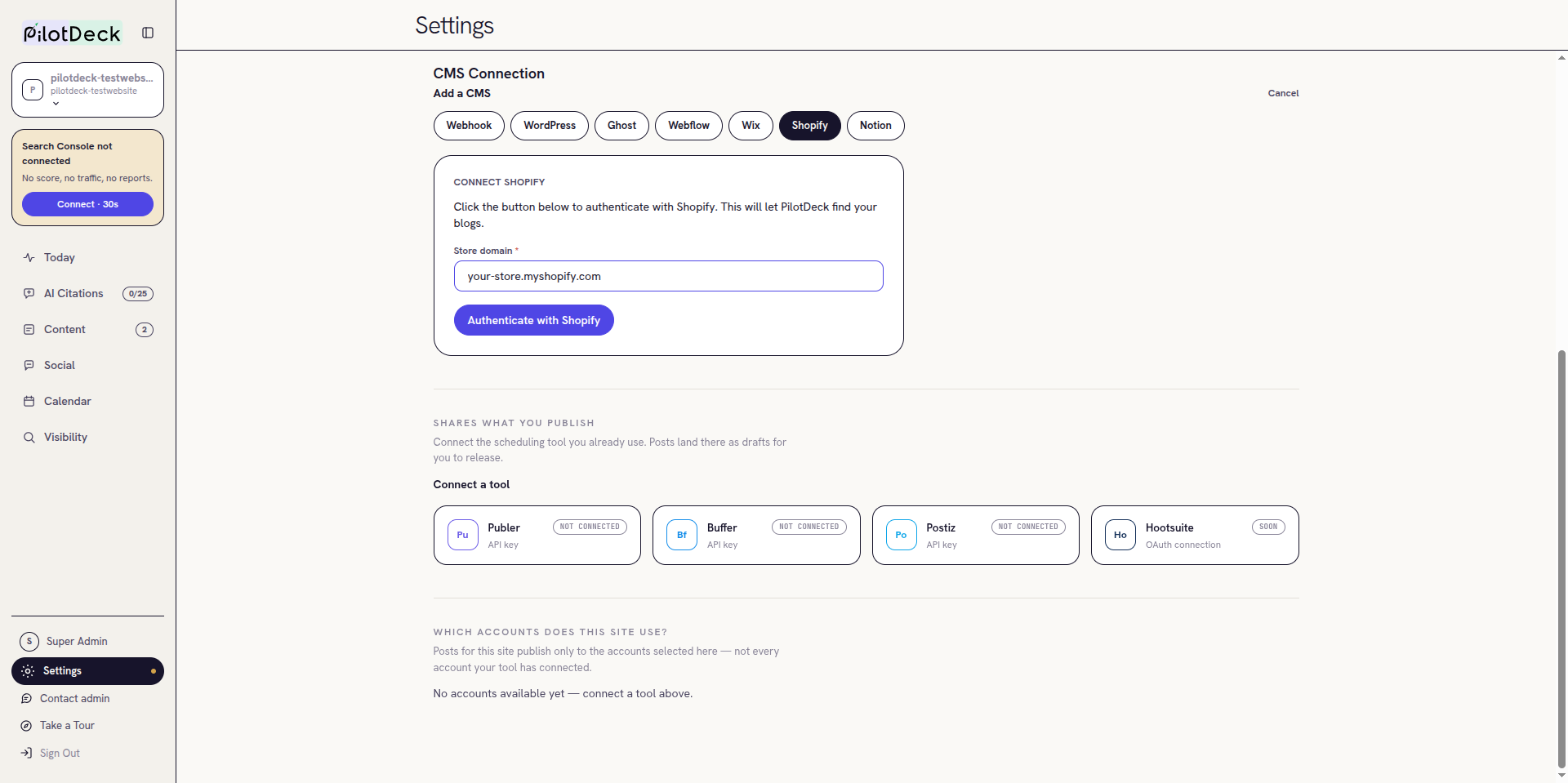 Connect Shopify panel with a placeholder store domain entered