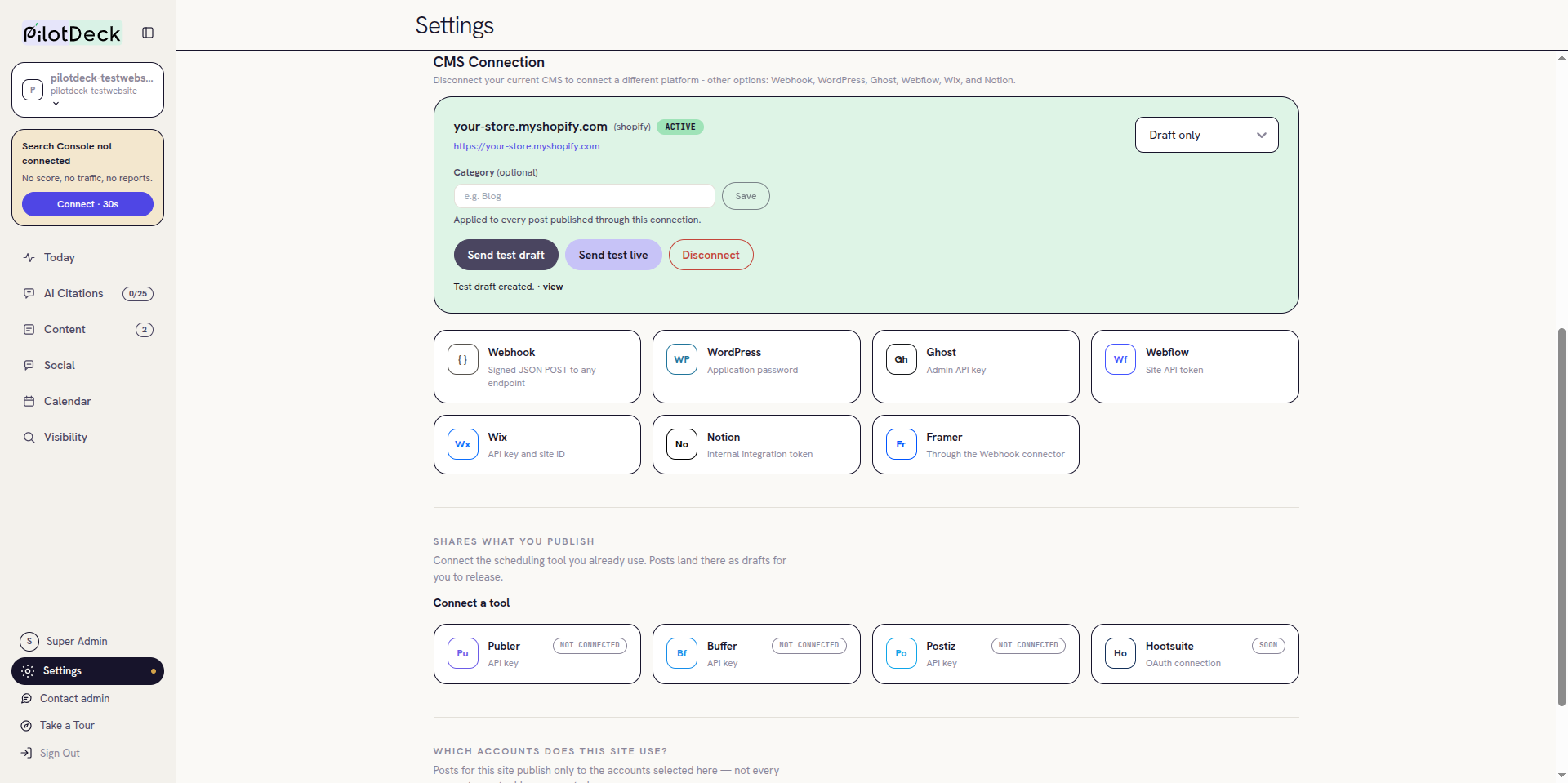 Shopify card after Send test draft showing Test draft created