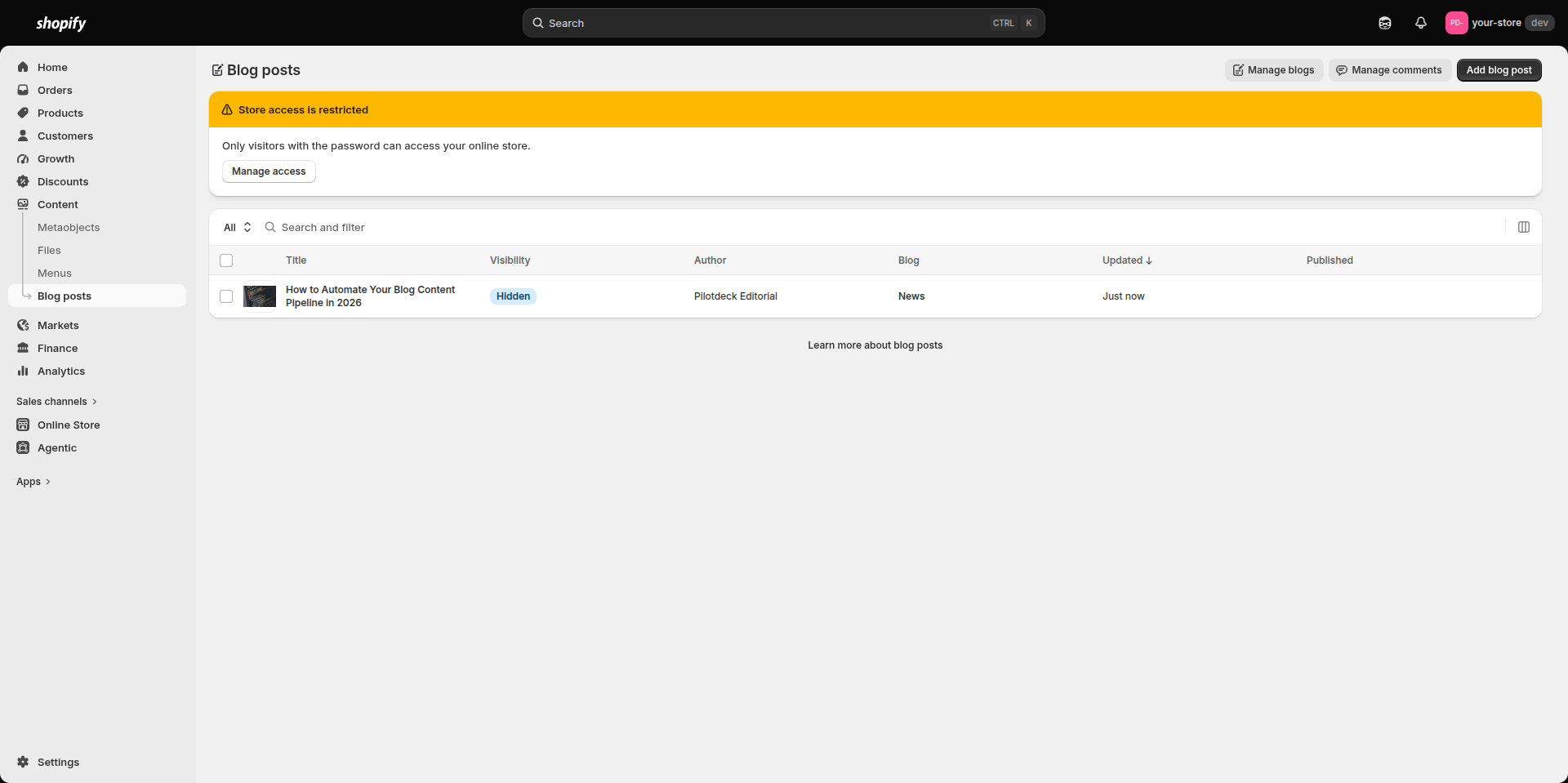 Shopify Blog posts list showing the PilotDeck sample article as Hidden in the News blog