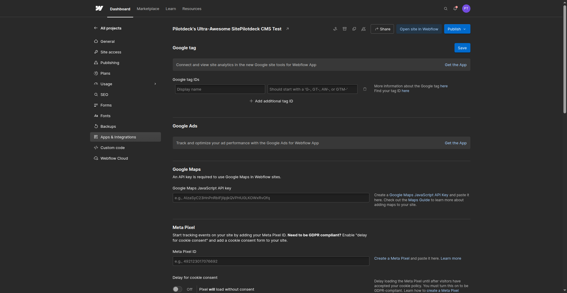 Site settings, Apps and Integrations