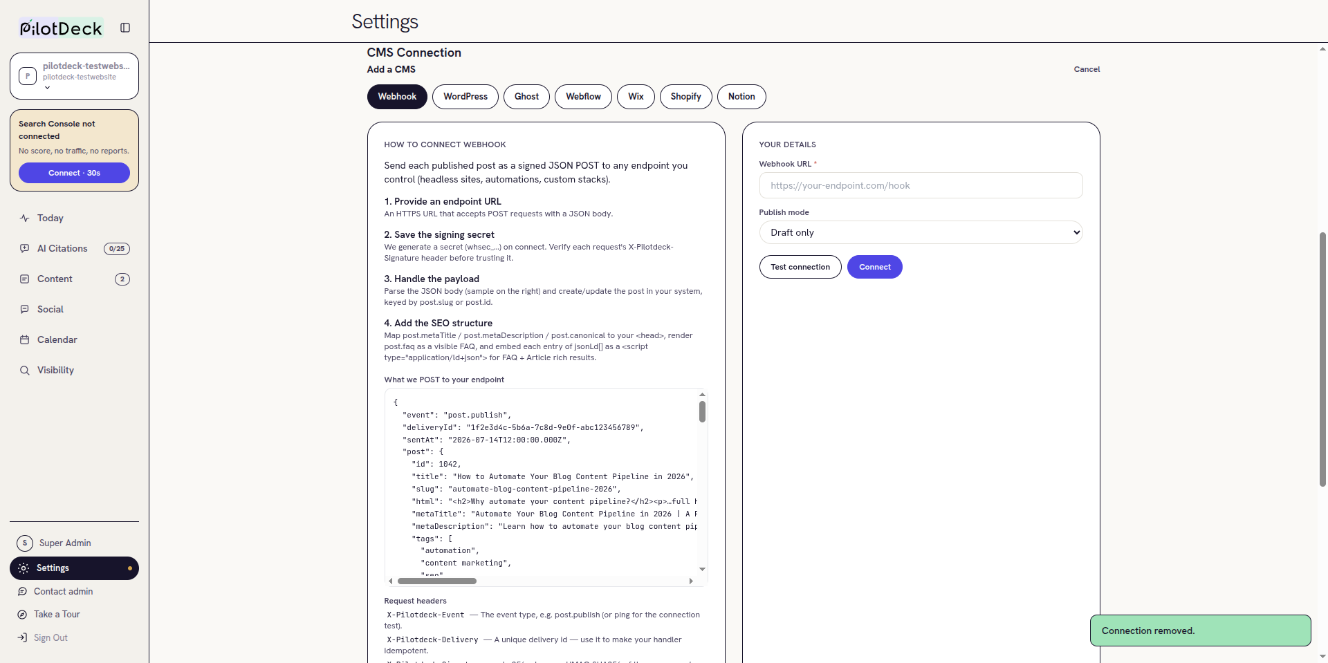 Webhook connect form with Webhook URL and Publish mode