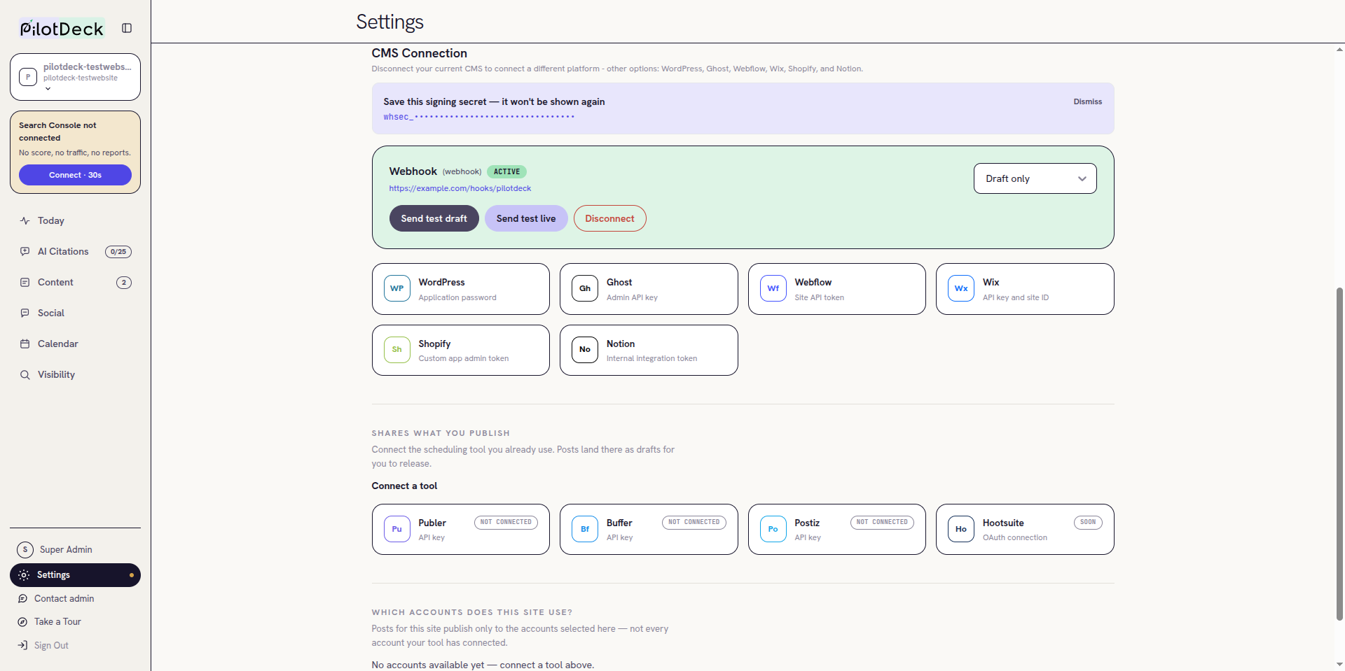 Connected Webhook card with the signing secret box masked