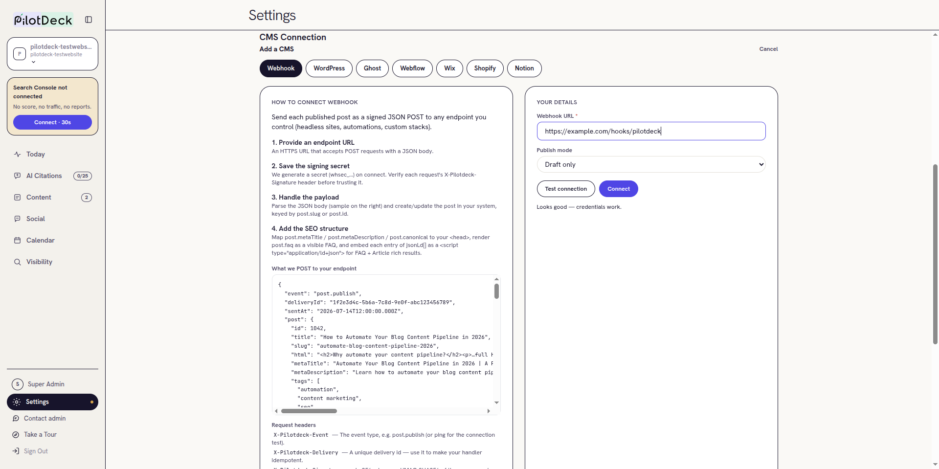 Webhook form with a URL entered and a passing test