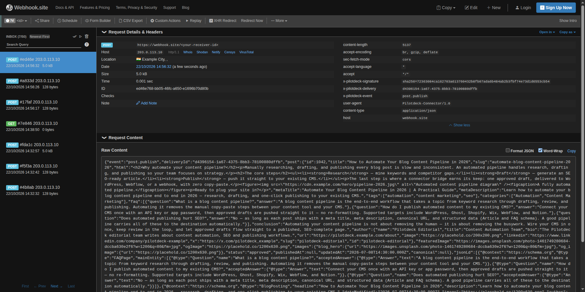 Receiver showing a post.publish request with PilotDeck headers and JSON body