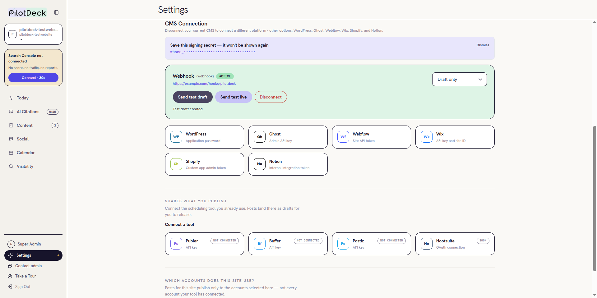 Connected Webhook card after Send test draft