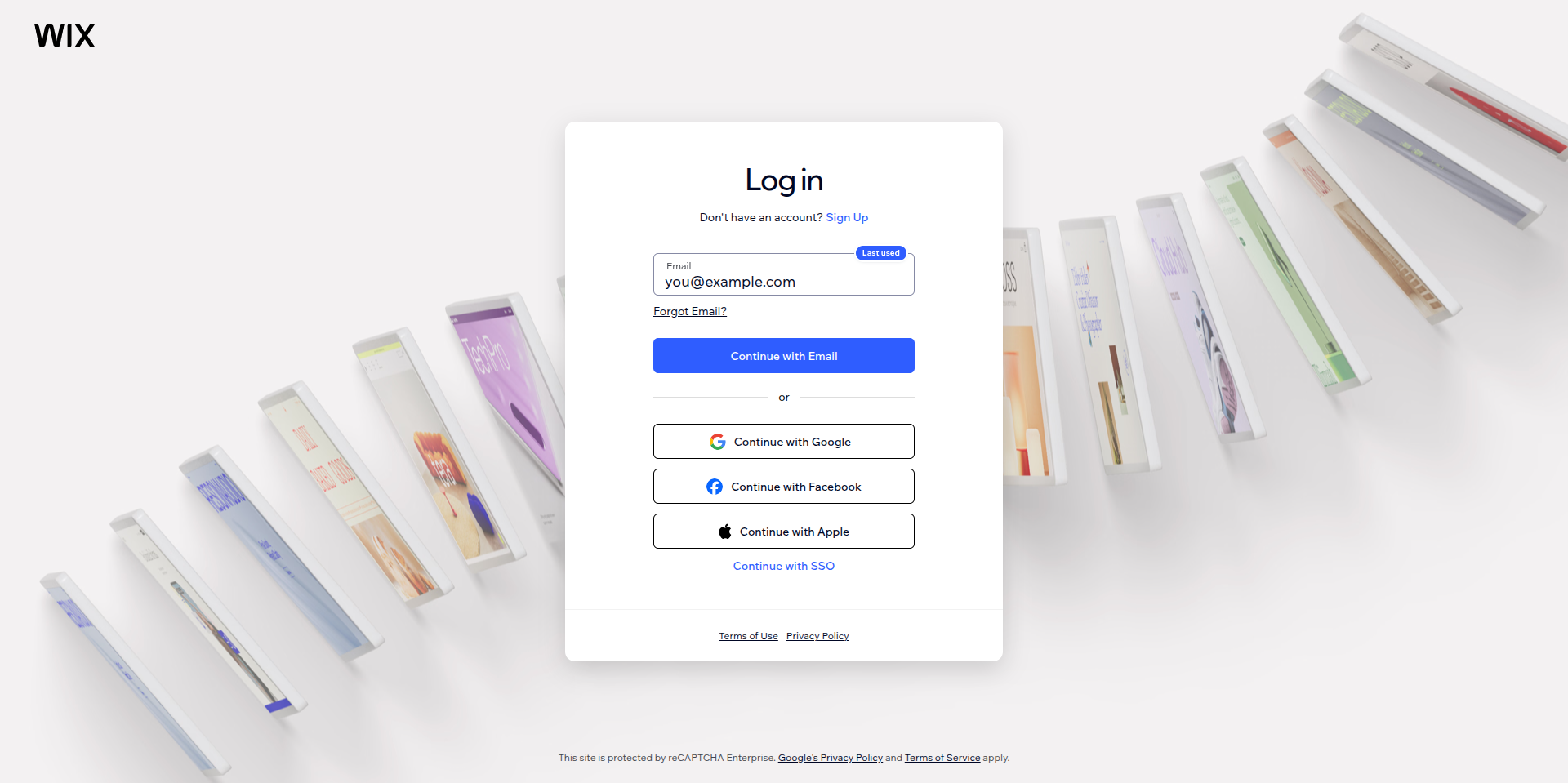 Wix log in page with a placeholder email