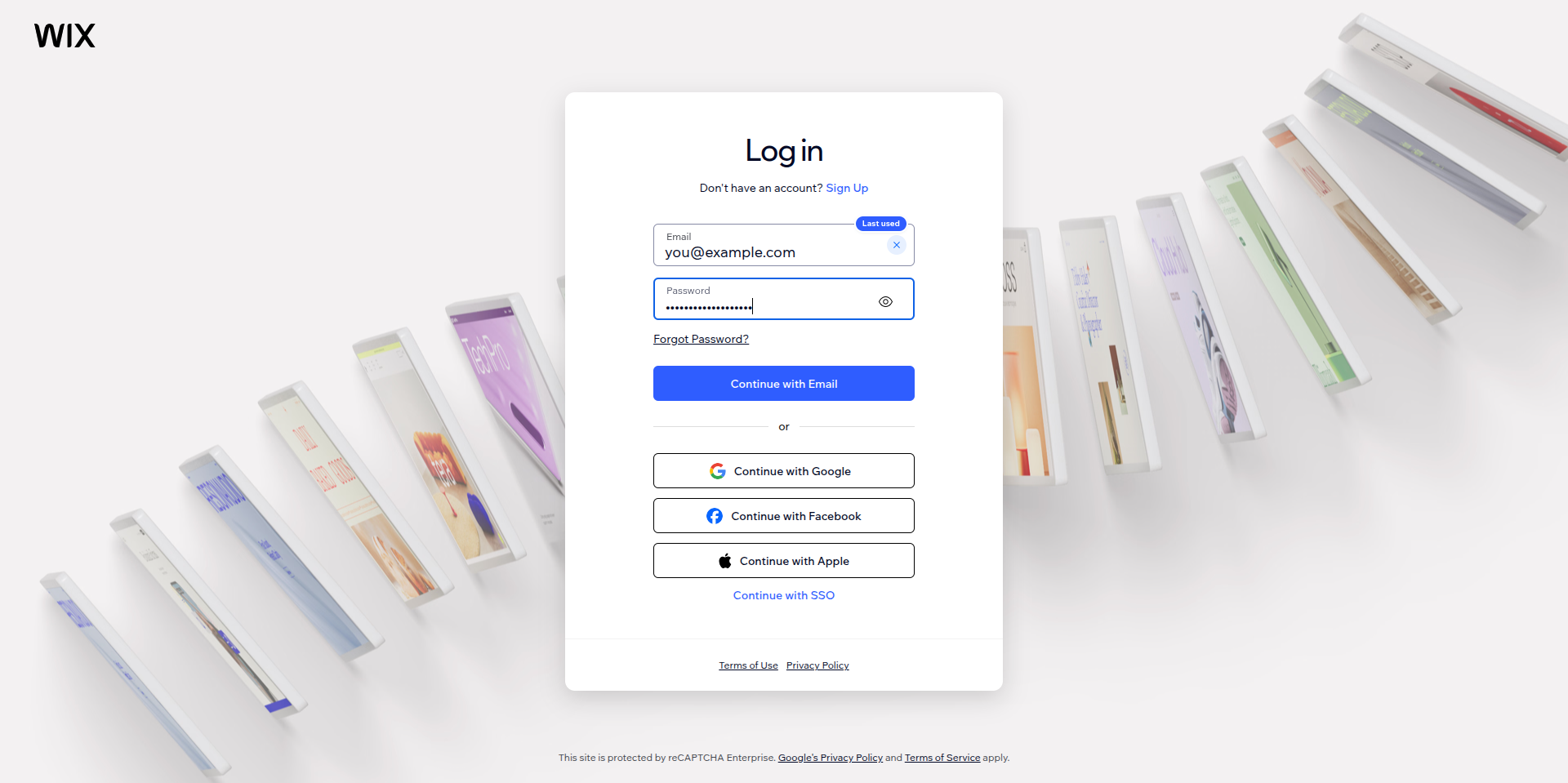 Wix password step with a placeholder email and a masked password