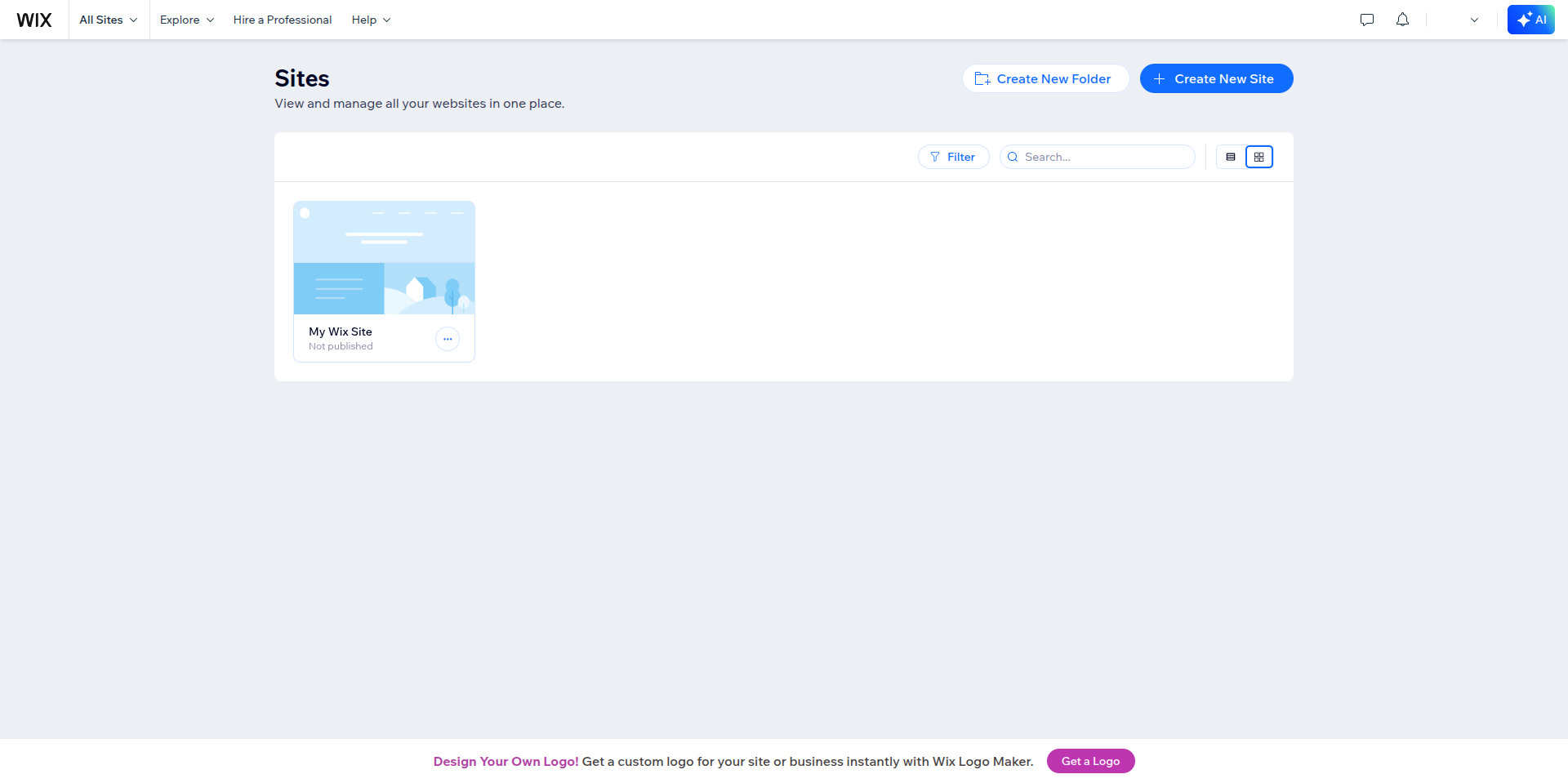 Wix Sites page listing one site