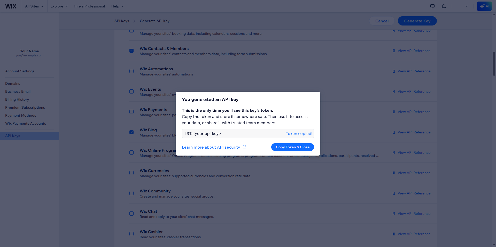 Wix dialog saying You generated an API key, with the token masked