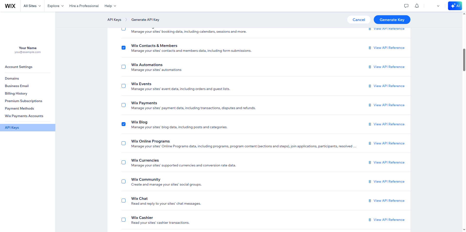 Wix permissions list with Wix Contacts and Members and Wix Blog ticked