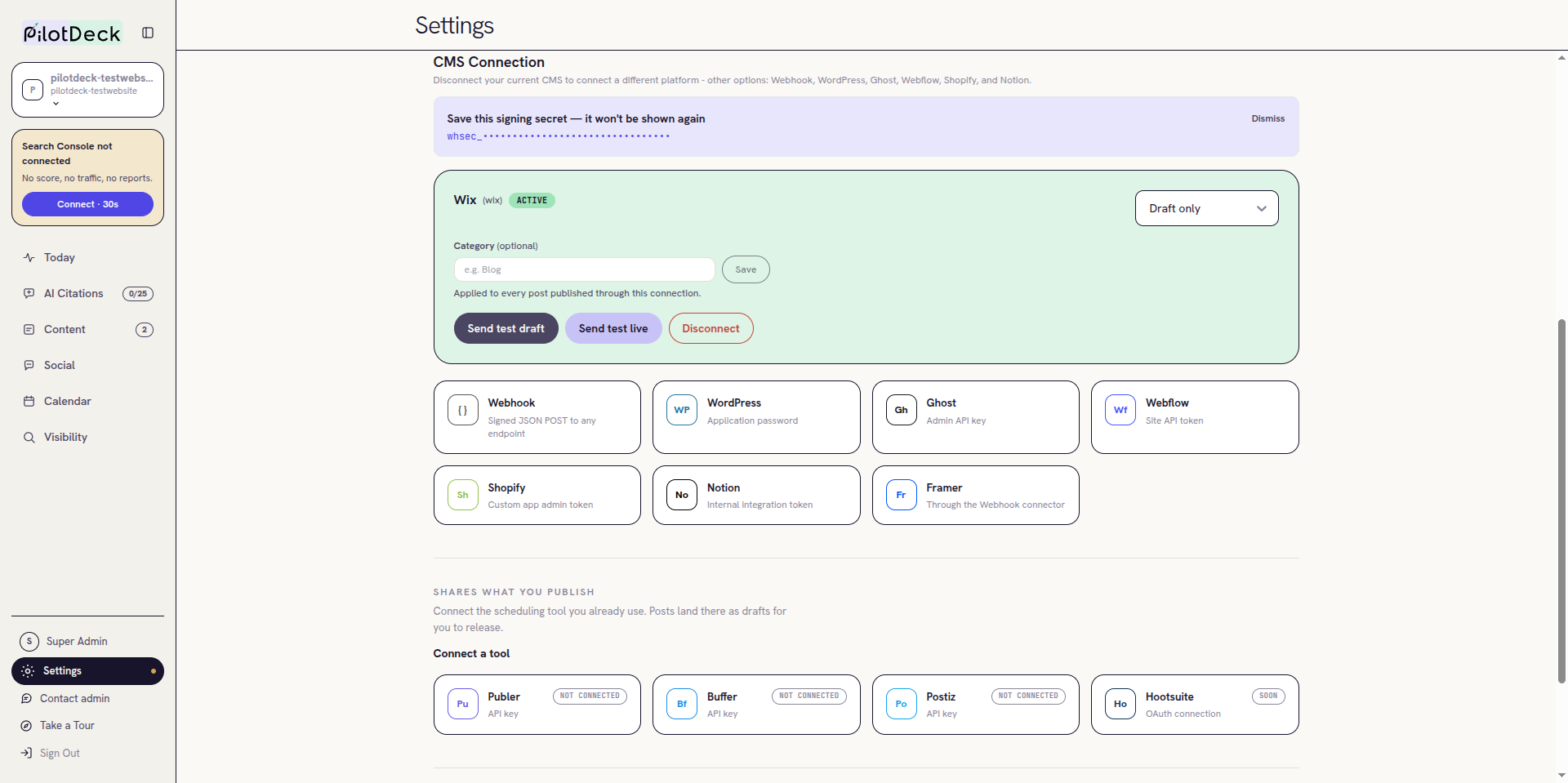 Wix connected and ACTIVE in PilotDeck