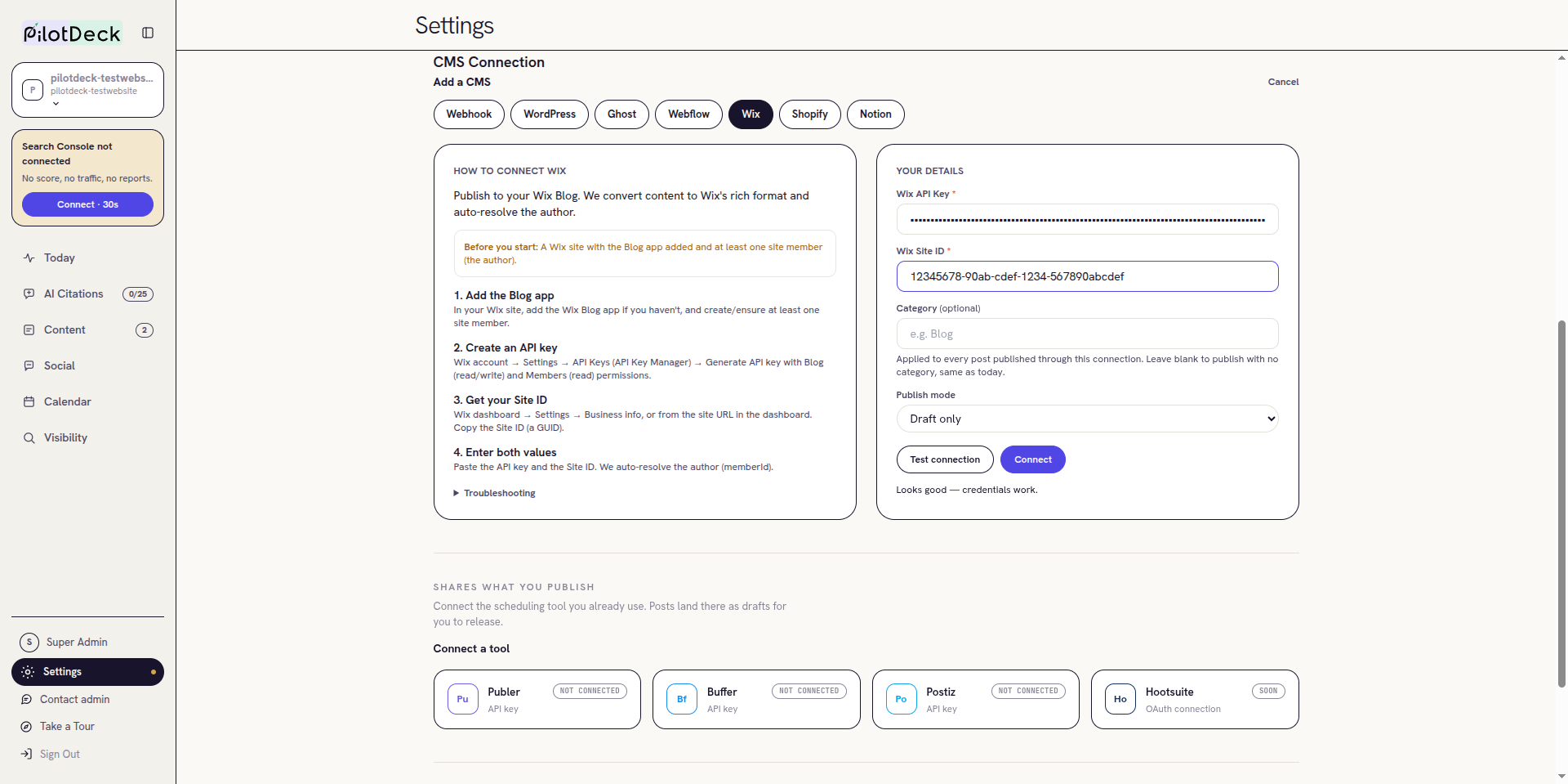 Wix form with a masked key, a placeholder site ID and a passing test
