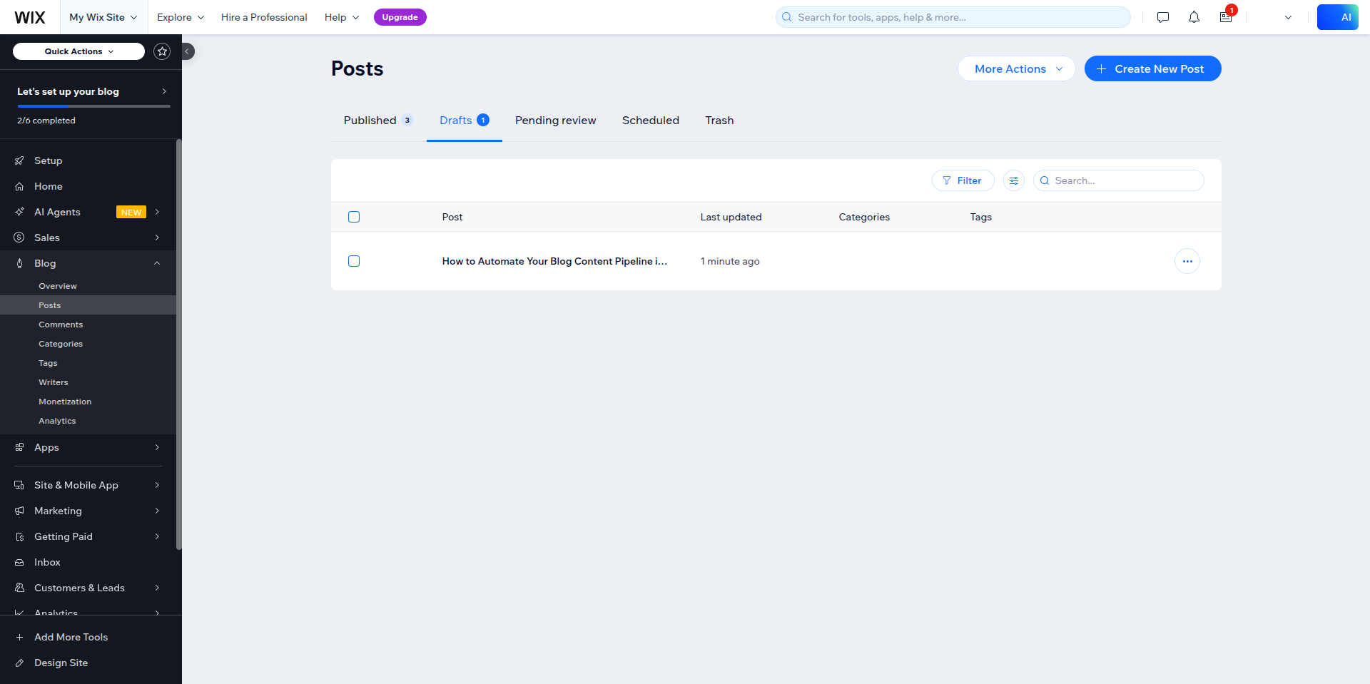 Wix Blog Posts page on the Drafts tab showing the PilotDeck sample article