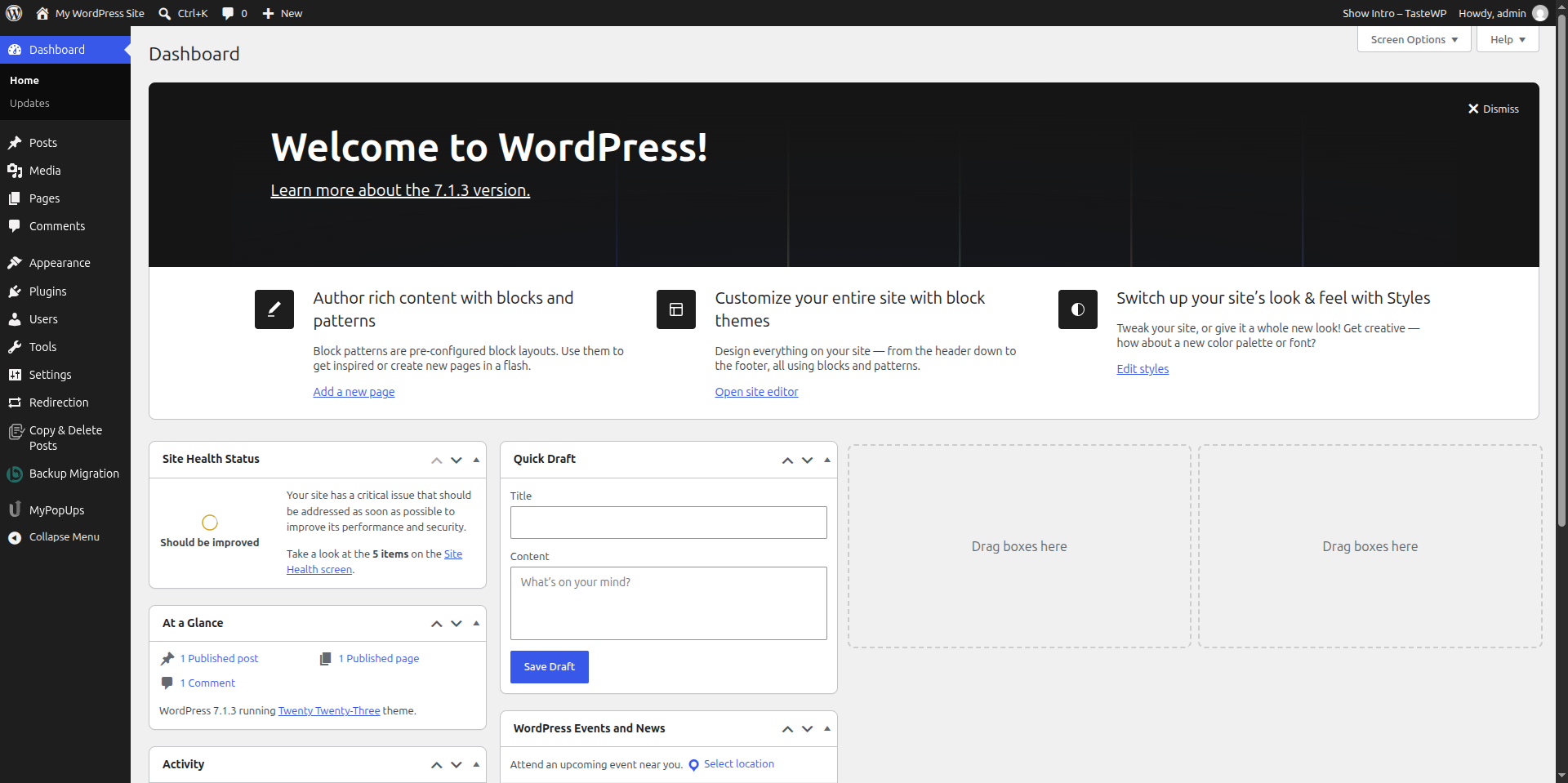 WordPress dashboard after signing in