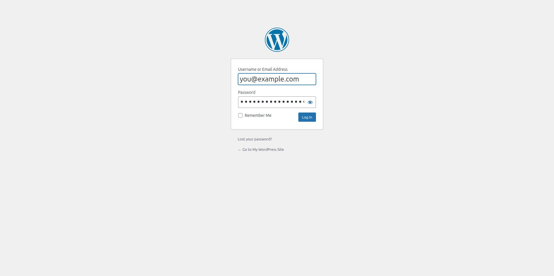 WordPress login form with a placeholder email and a masked password
