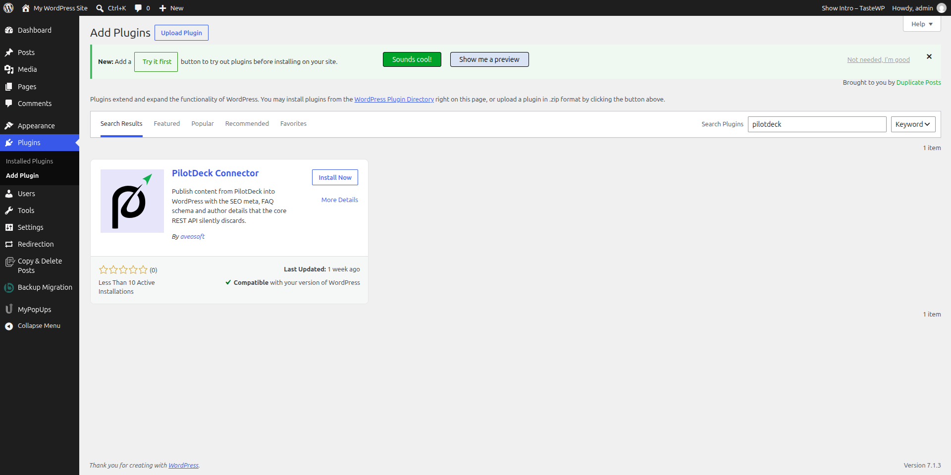 Add Plugins search results showing PilotDeck Connector