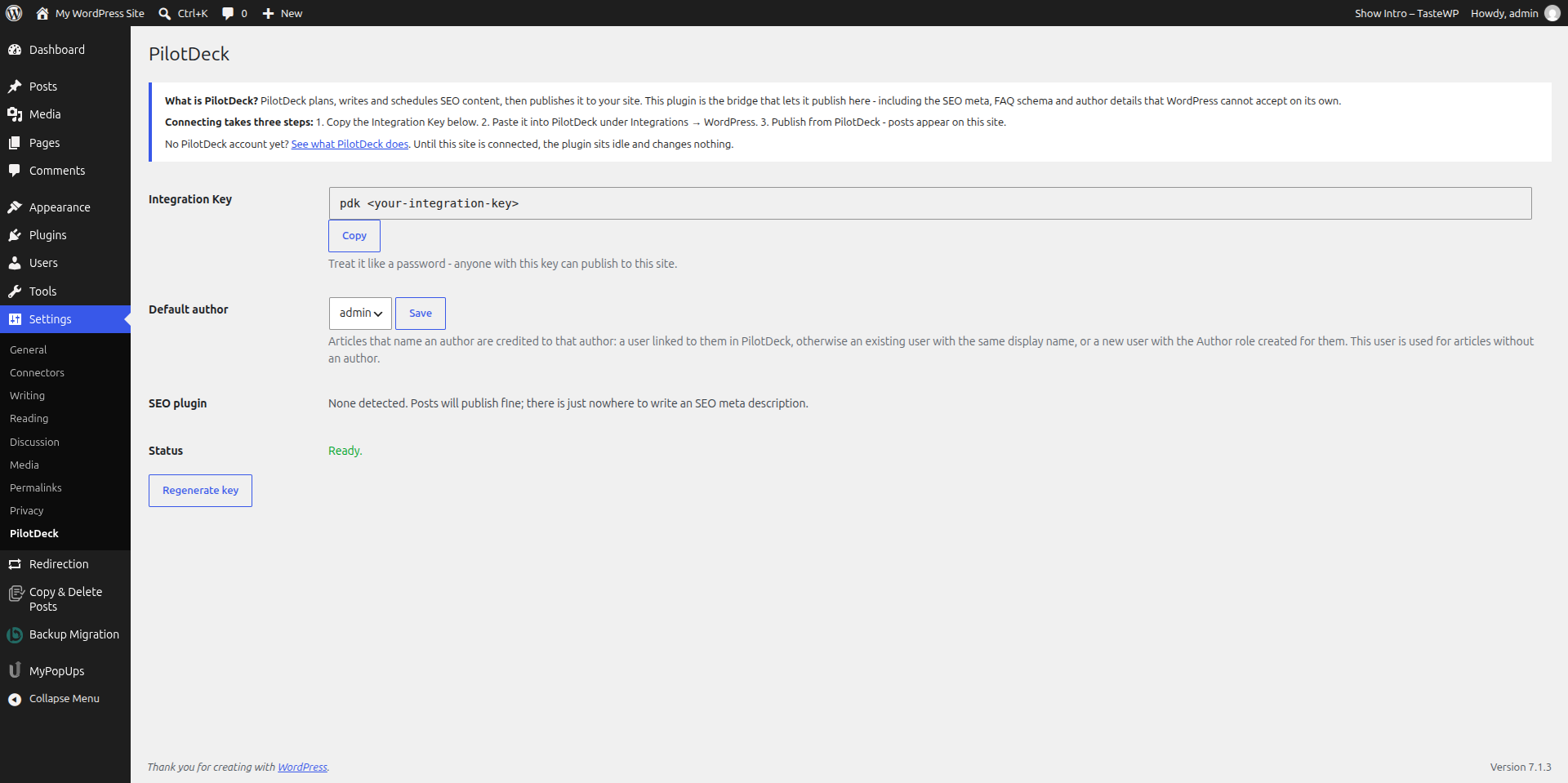 Settings, PilotDeck page showing the Integration Key box, default author, SEO plugin and Ready status