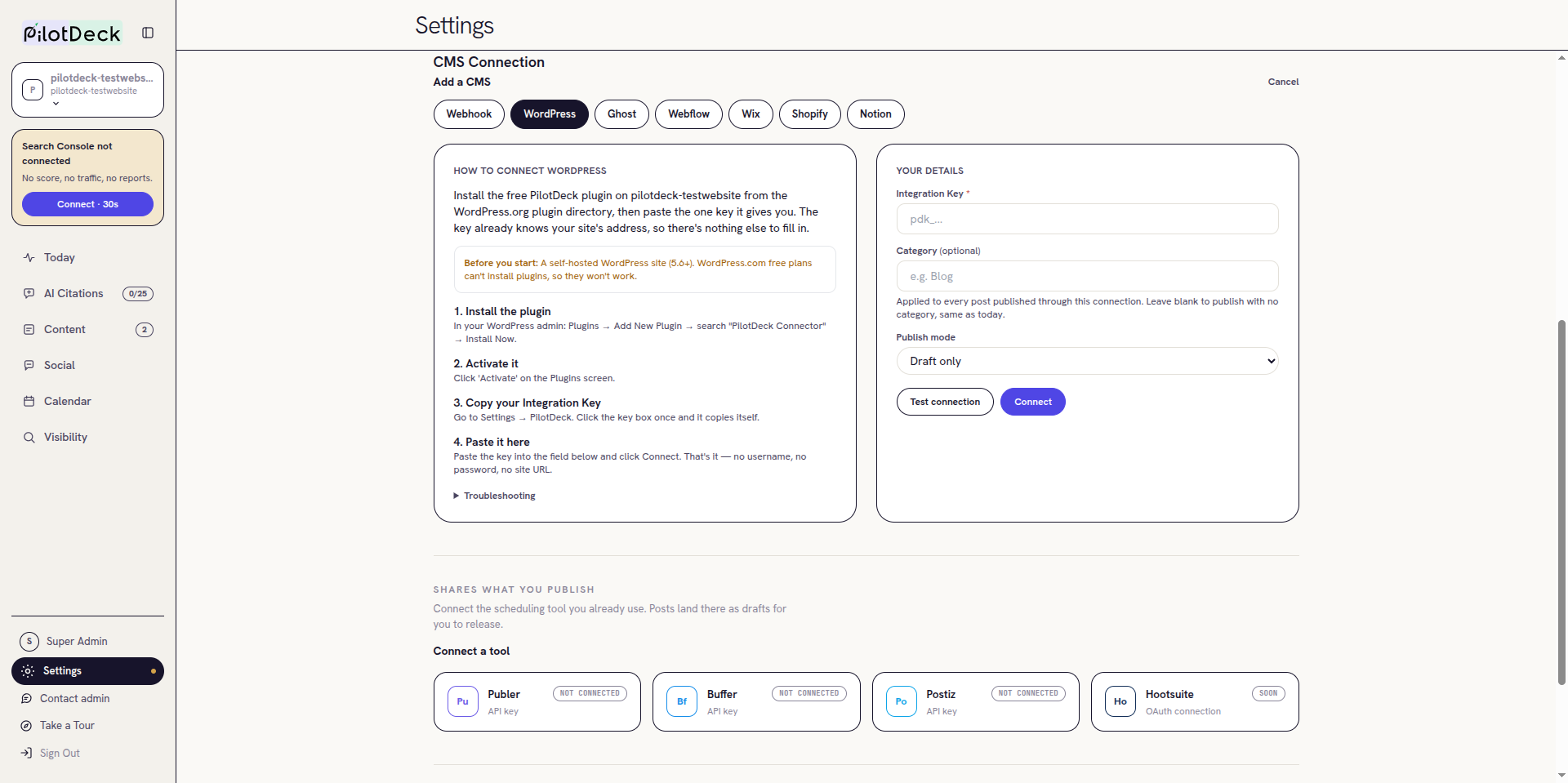 WordPress connect form in PilotDeck
