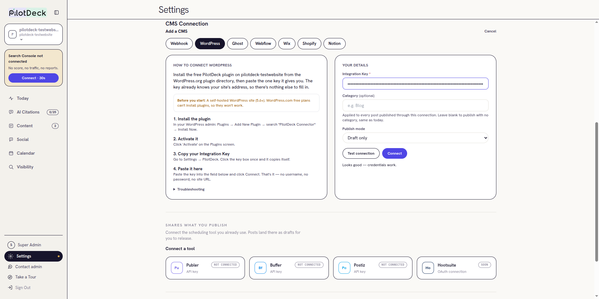 WordPress form with the key shown as dots and a passing test