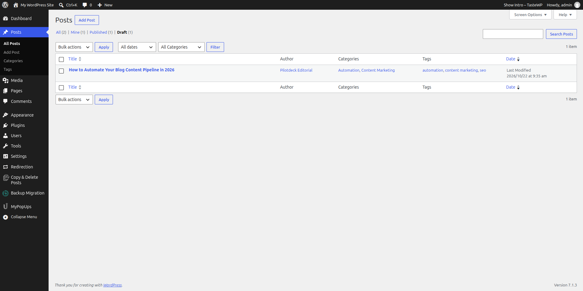 WordPress Posts list filtered to drafts showing the PilotDeck sample article