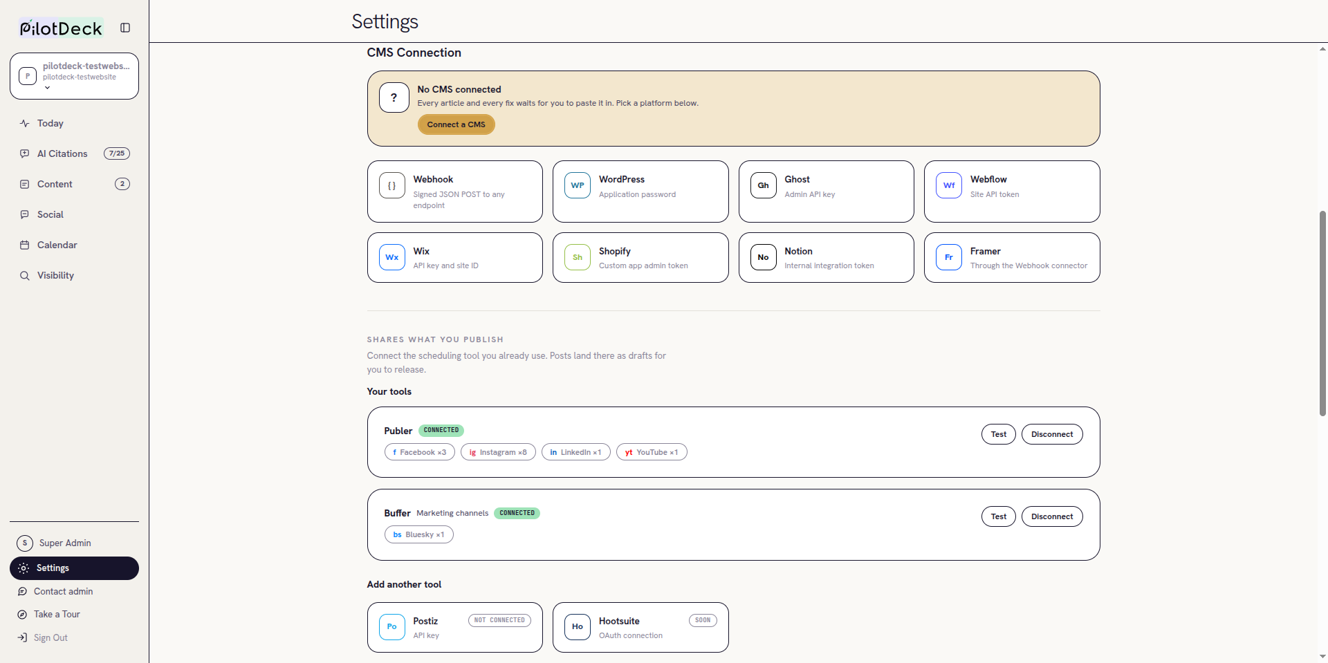 Settings, Integrations tab showing the CMS Connection section with platform tiles