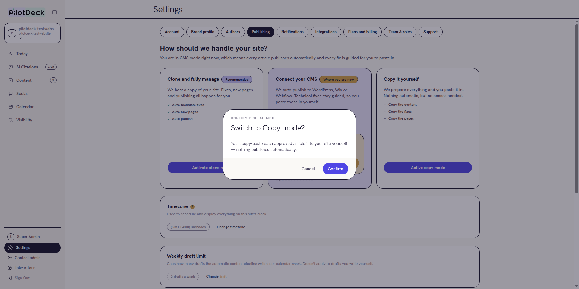 Confirm publish mode dialog asking to switch to Copy mode