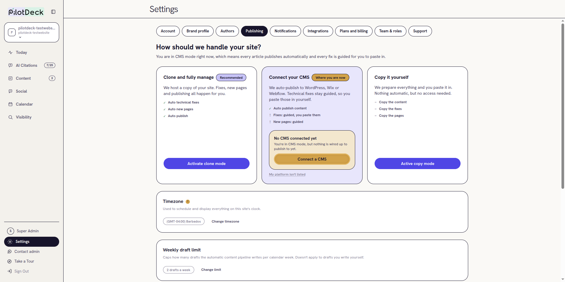 Settings, Publishing tab with three cards: Clone and fully manage, Connect your CMS and Copy it yourself
