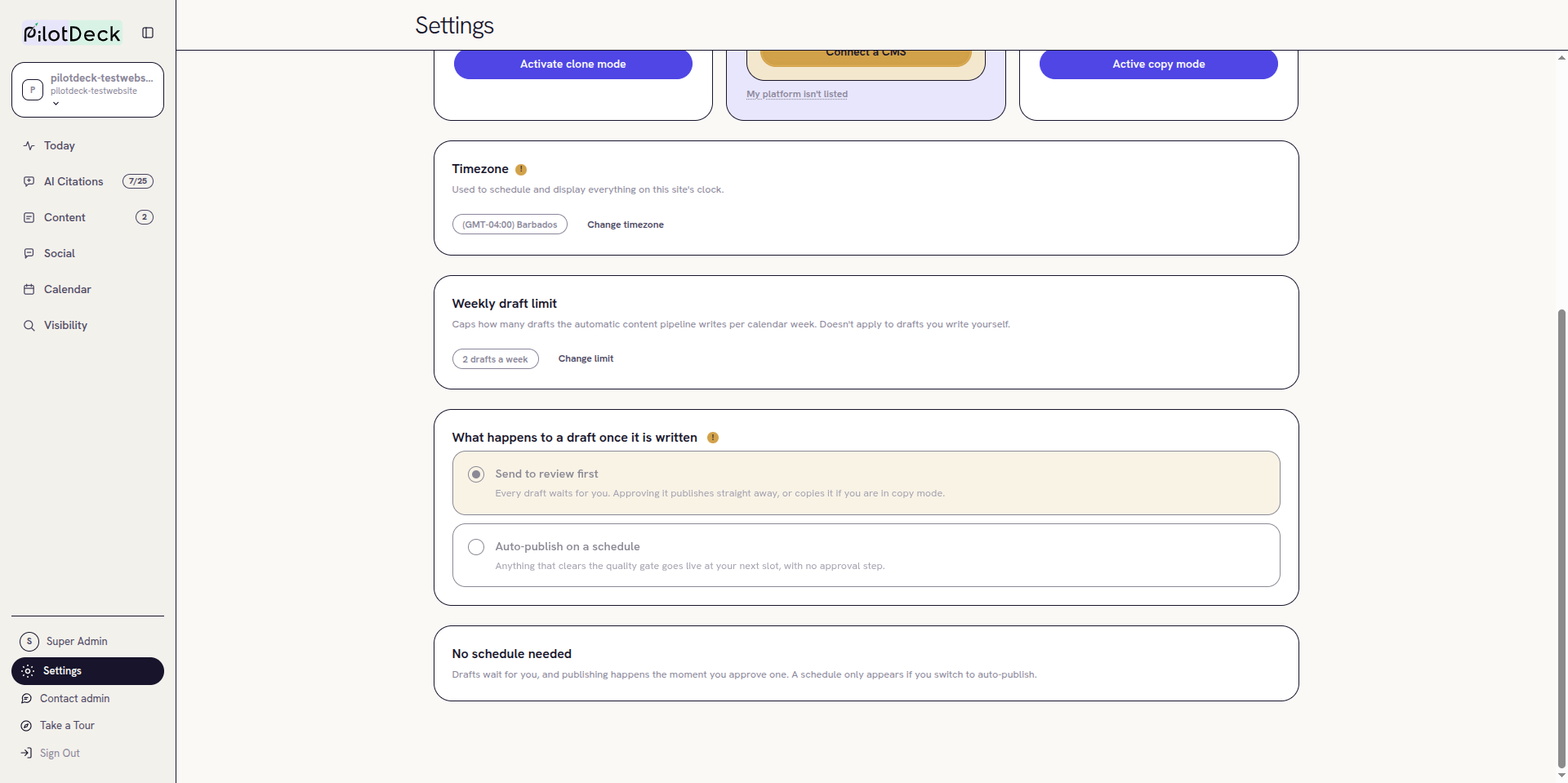 Settings, Publishing tab showing the draft handling options