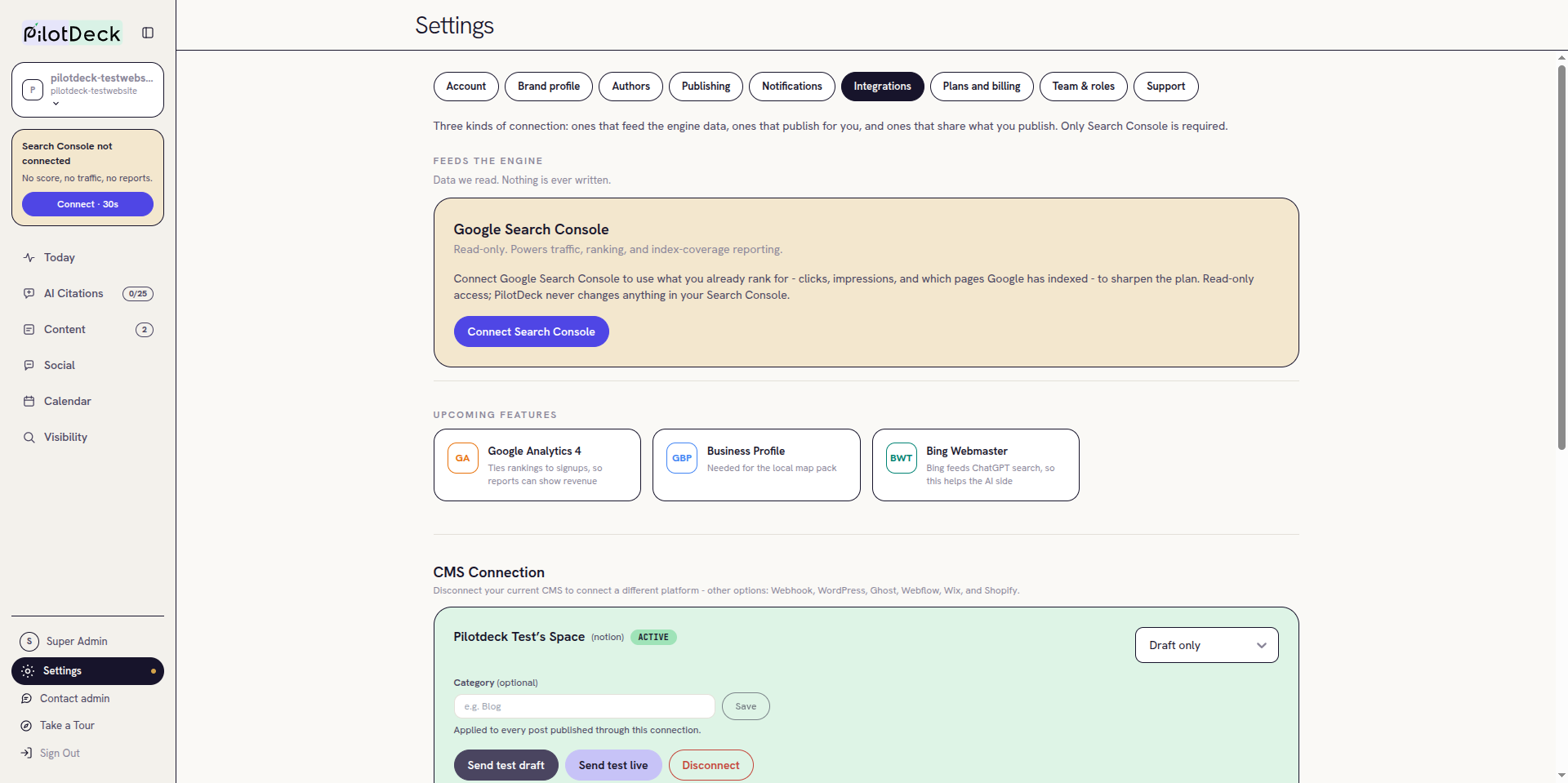 Integrations tab with the Google Search Console card showing a Connect Search Console button