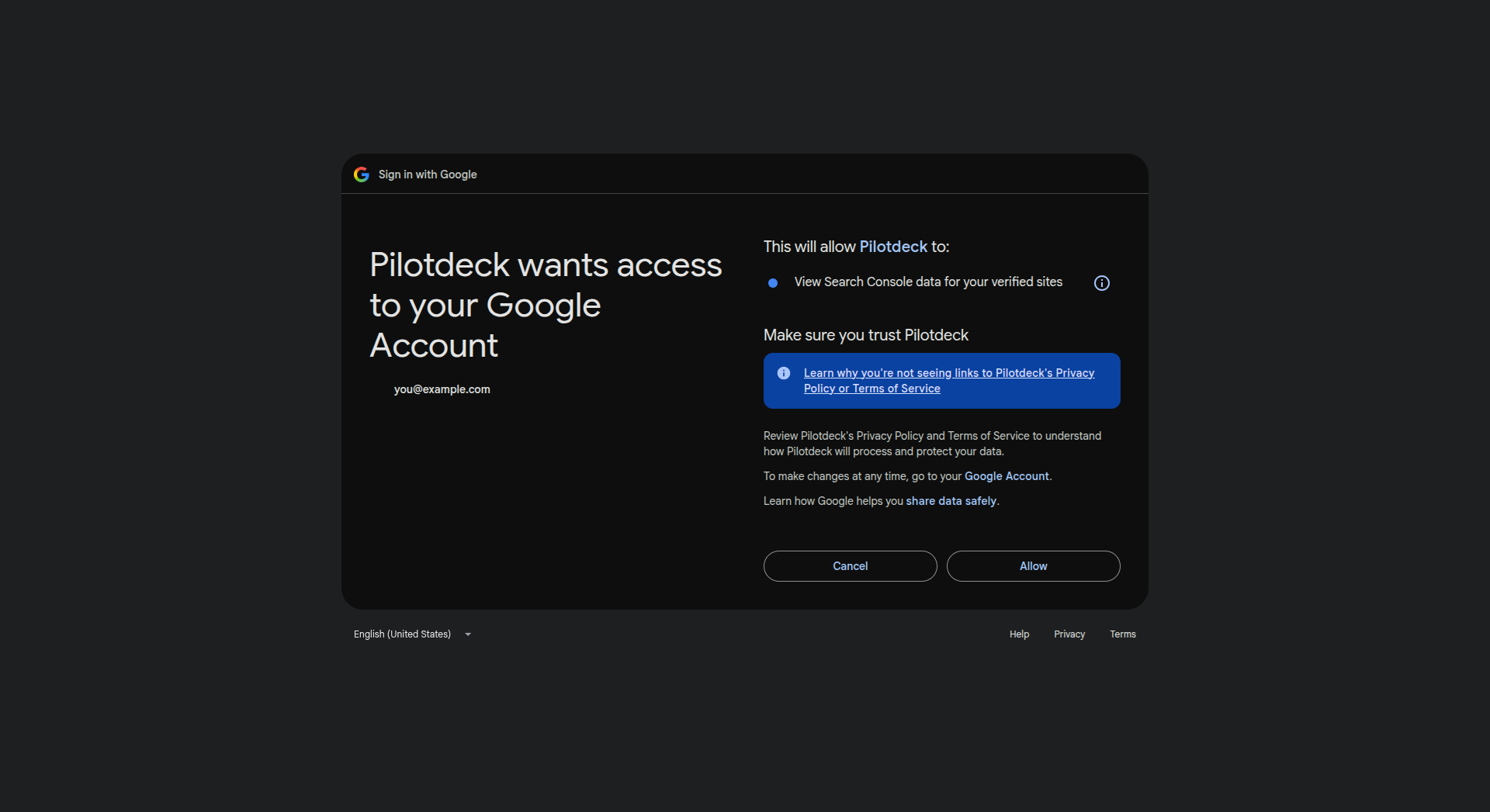Google consent screen asking to view Search Console data