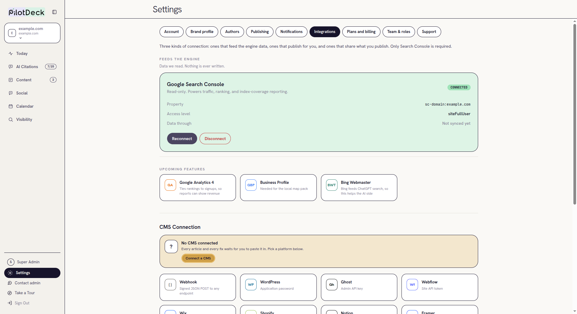 Connected Google Search Console card showing property, access level and data through